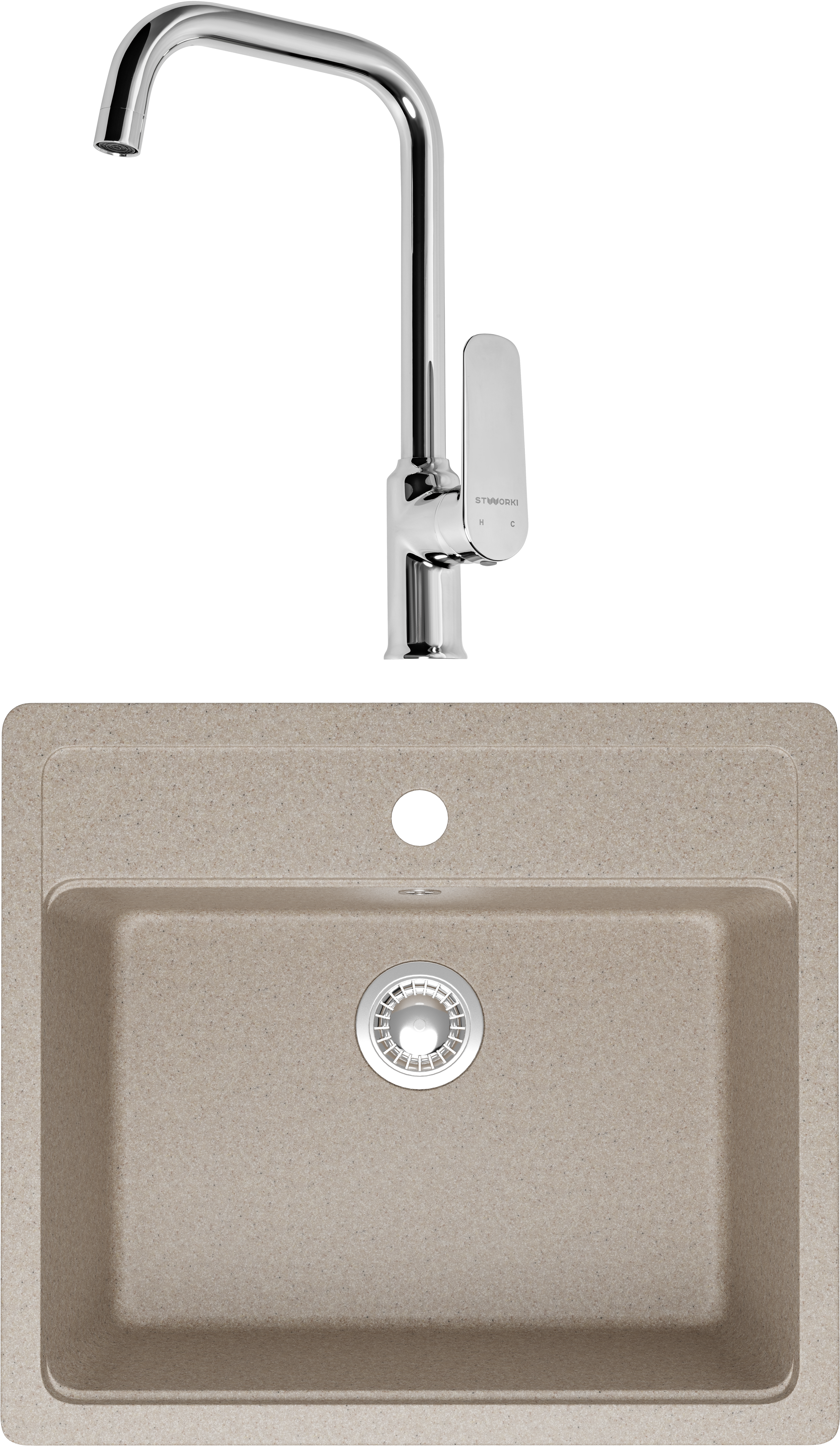 Комплект Мойка Domaci Болонья М-09-004, песочная + Смеситель STWORKI WFD04005GA