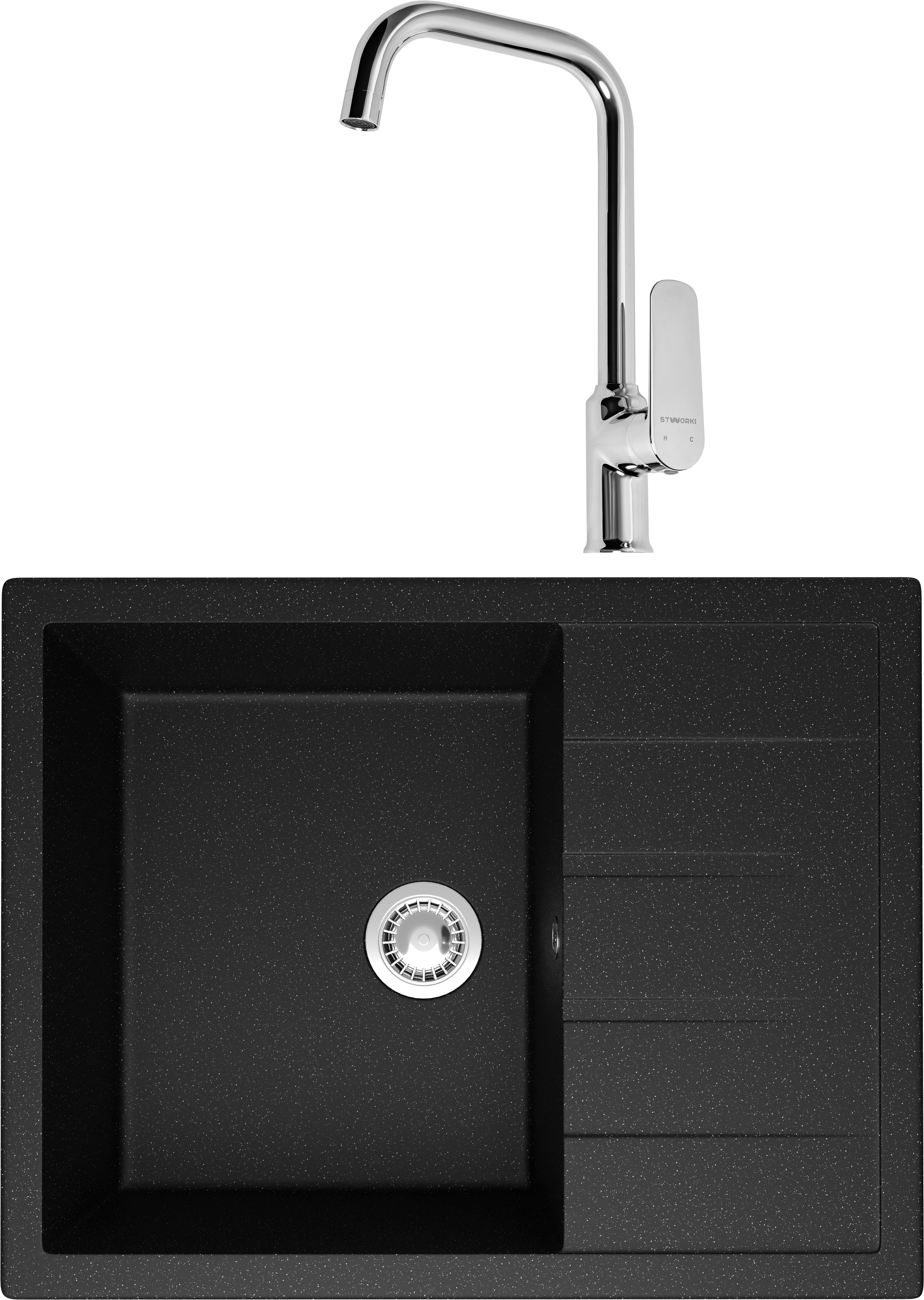 Комплект Мойка Domaci Болонья М-151-002, черная + Смеситель STWORKI WFD04005GA