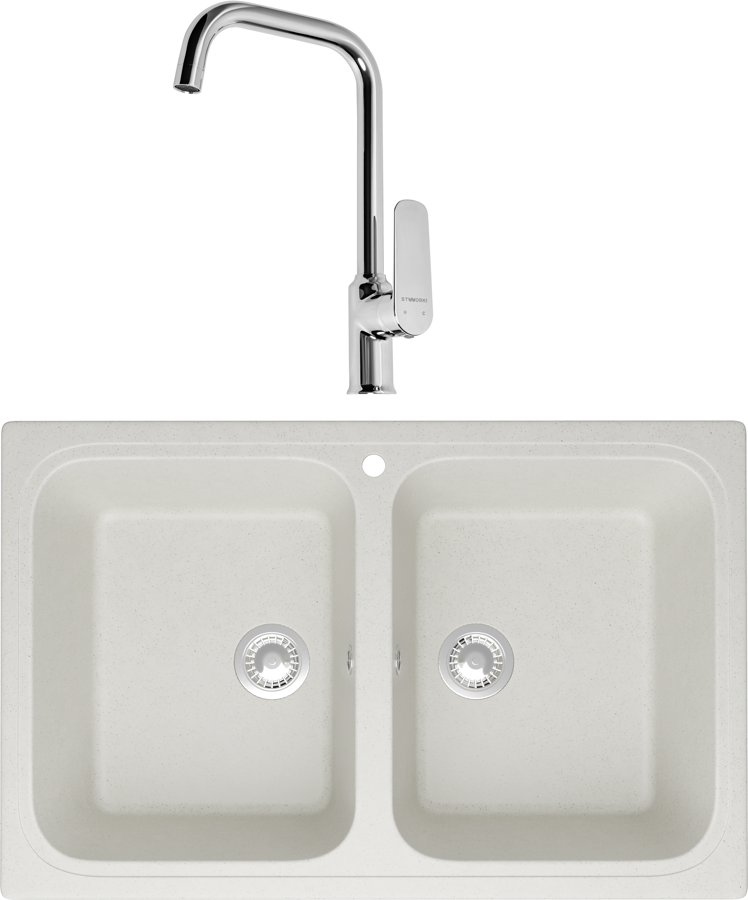 Комплект Мойка Domaci Болонья М-20-001, белая + Смеситель STWORKI WFD04005GA