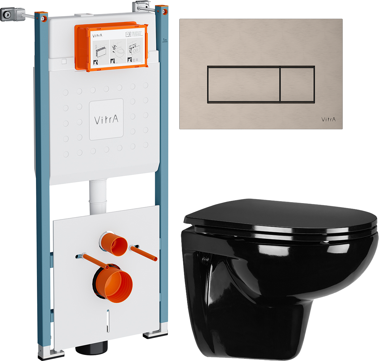 Комплект 3 в 1 Унитаз подвесной Wanfald Lauta 47374100005 + Инсталляция VitrA V-Fix Core 732-5800-01PV + Кнопка Root Square 740-2395 цвет никель