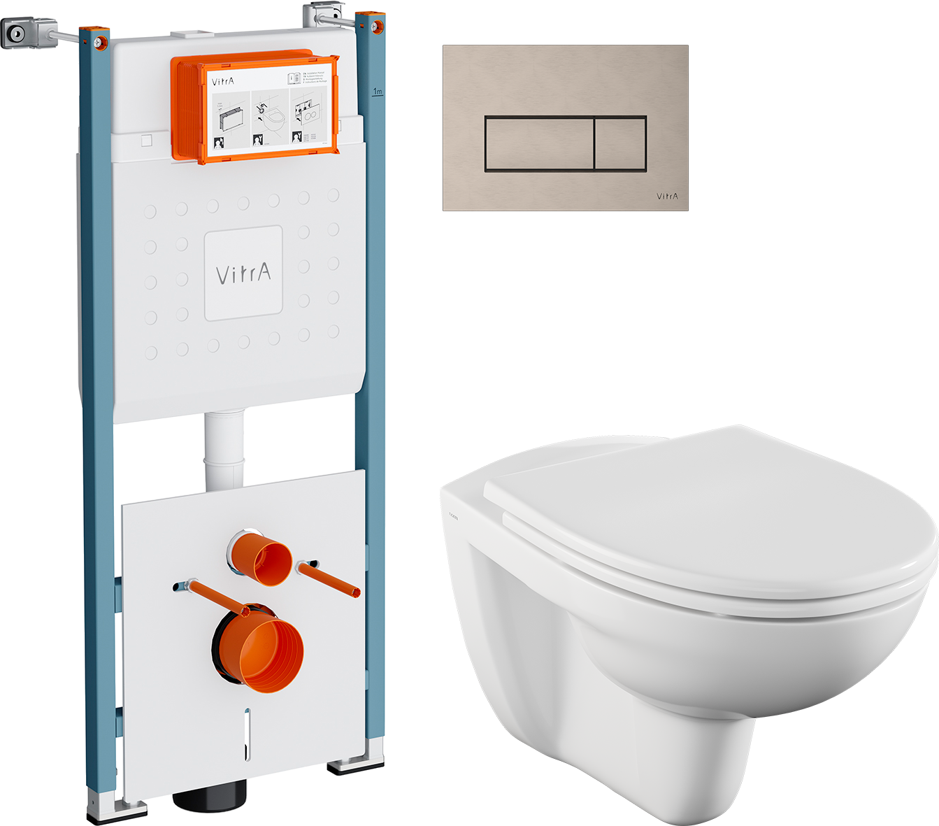 Комплект 4 в 1 Унитаз подвесной Norm Fit 6855B099-1777 + Сиденье VitrA Norm 84-003-749 с микролифтом + Инсталляция V-Fix Core 732-5800-01PV + Кнопка Root Square 740-2395 цвет никель