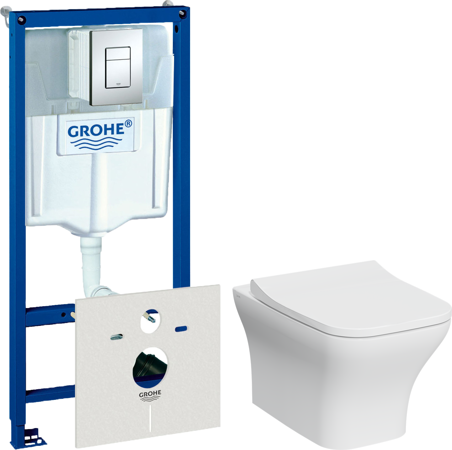 Комплект 3 в 1 Унитаз подвесной VitrA Zentrum Square 7484B003-0075 безободковый + Сиденье Integra Square 191-003-009 с микролифтом + Инсталляция с кнопкой Grohe Rapid SL 38775001 цвет хром