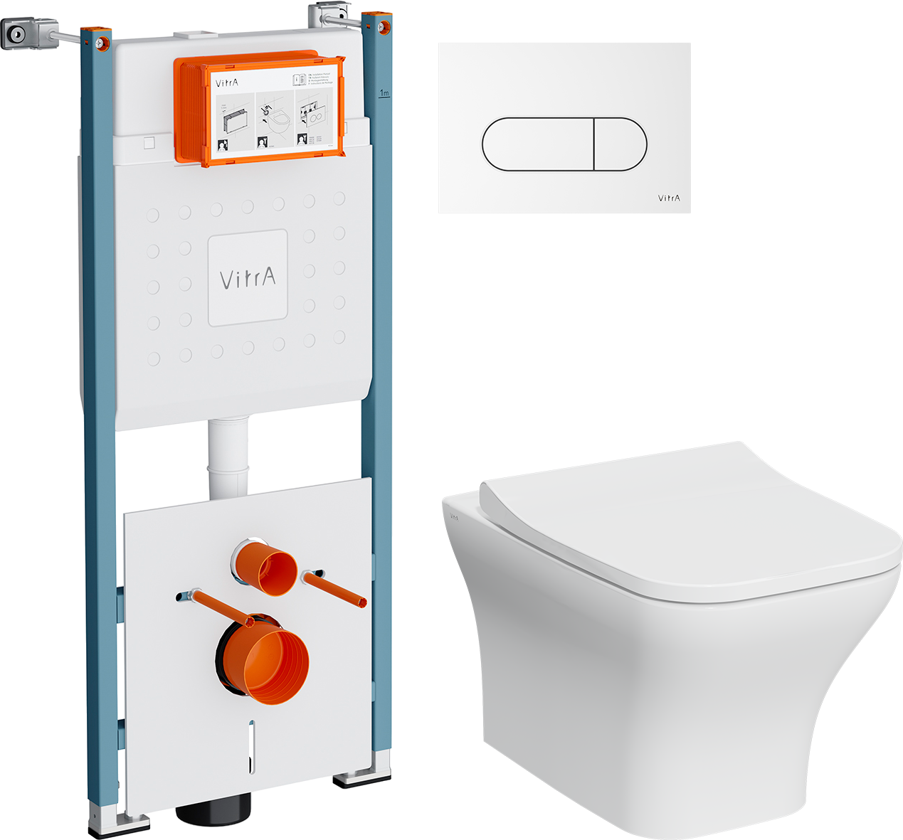 Комплект 4 в 1 Унитаз подвесной VitrA Zentrum Square 7484B003-0075 безободковый + Сиденье Integra Square 191-003-009 с микролифтом + Инсталляция V-Fix Core 732-5800-01PV + Кнопка Root Round 740-2200 цвет глянцевый белый