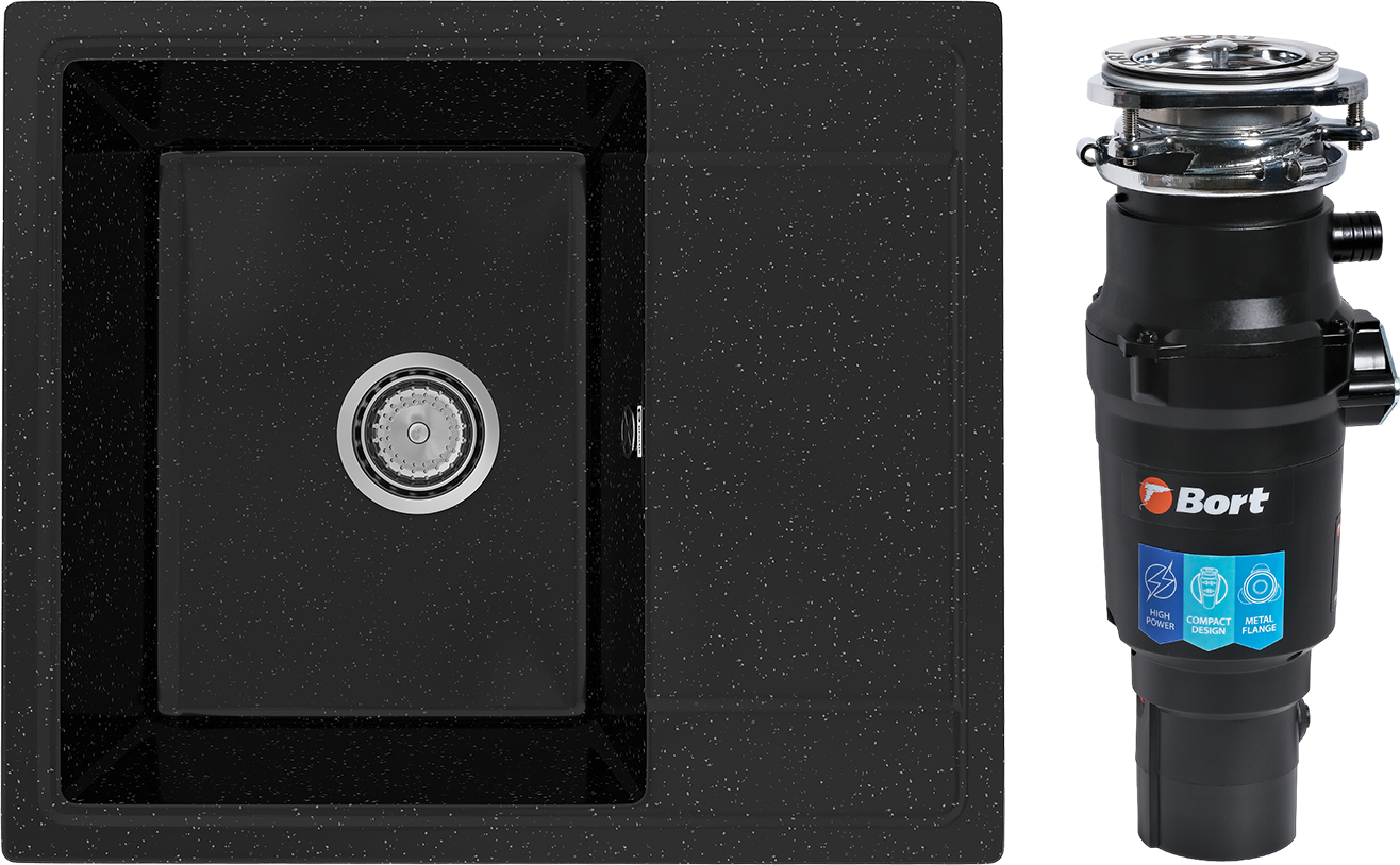 Комплект Мойка Practik PR-M 575-004, черный оникс + Измельчитель Bort Titan 7000
