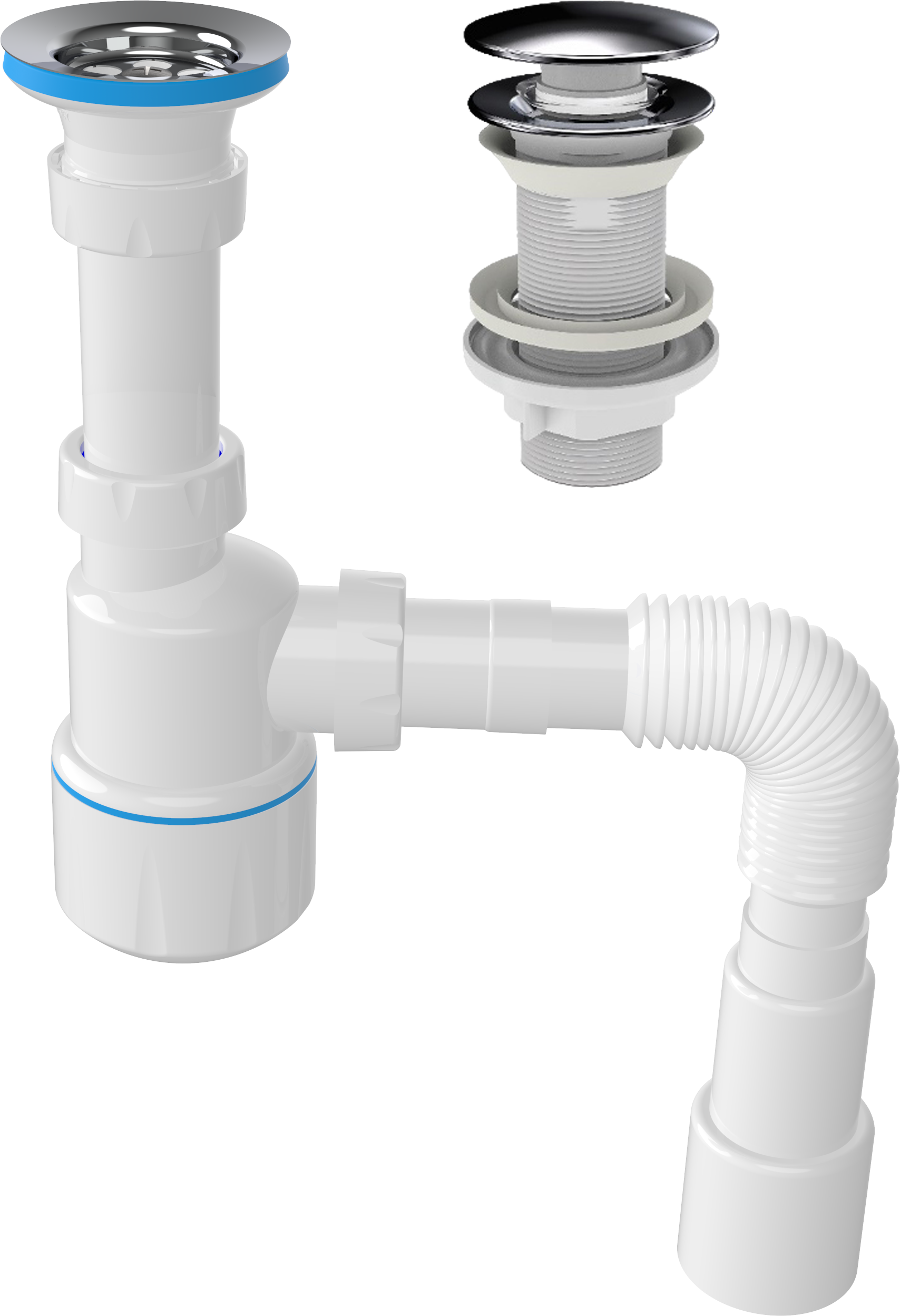 Комплект Донный клапан EWRIKA 8500385200 сталь + Сифон Wirquin Минор 30718050 бутылочный, белый