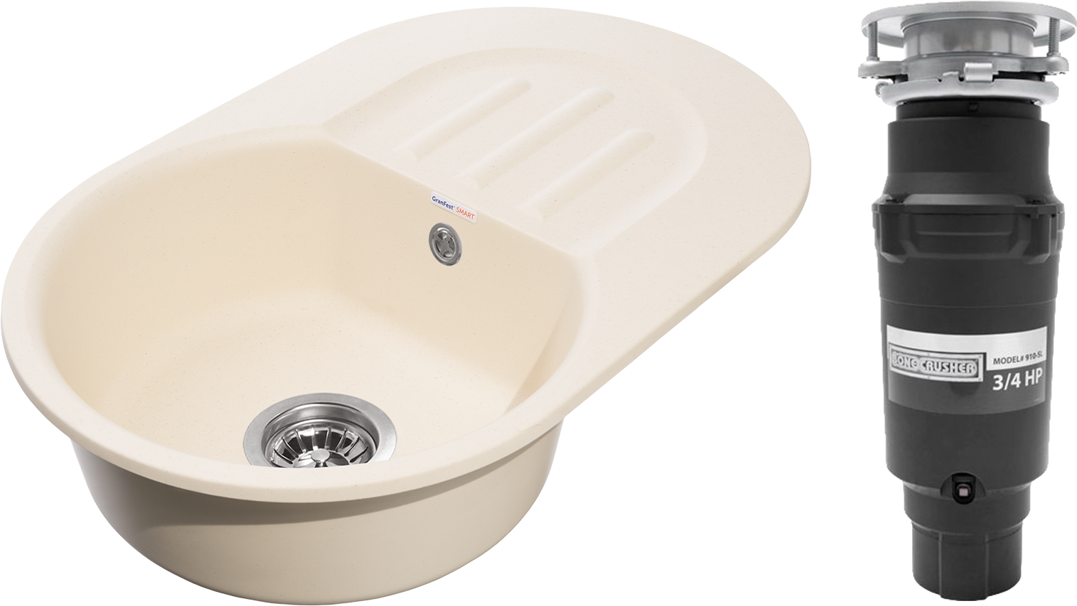 Комплект Мойка GranFest Smart SM 680 L, бежевая + Измельчитель Bone Crusher BC 910-SL-Slim Line