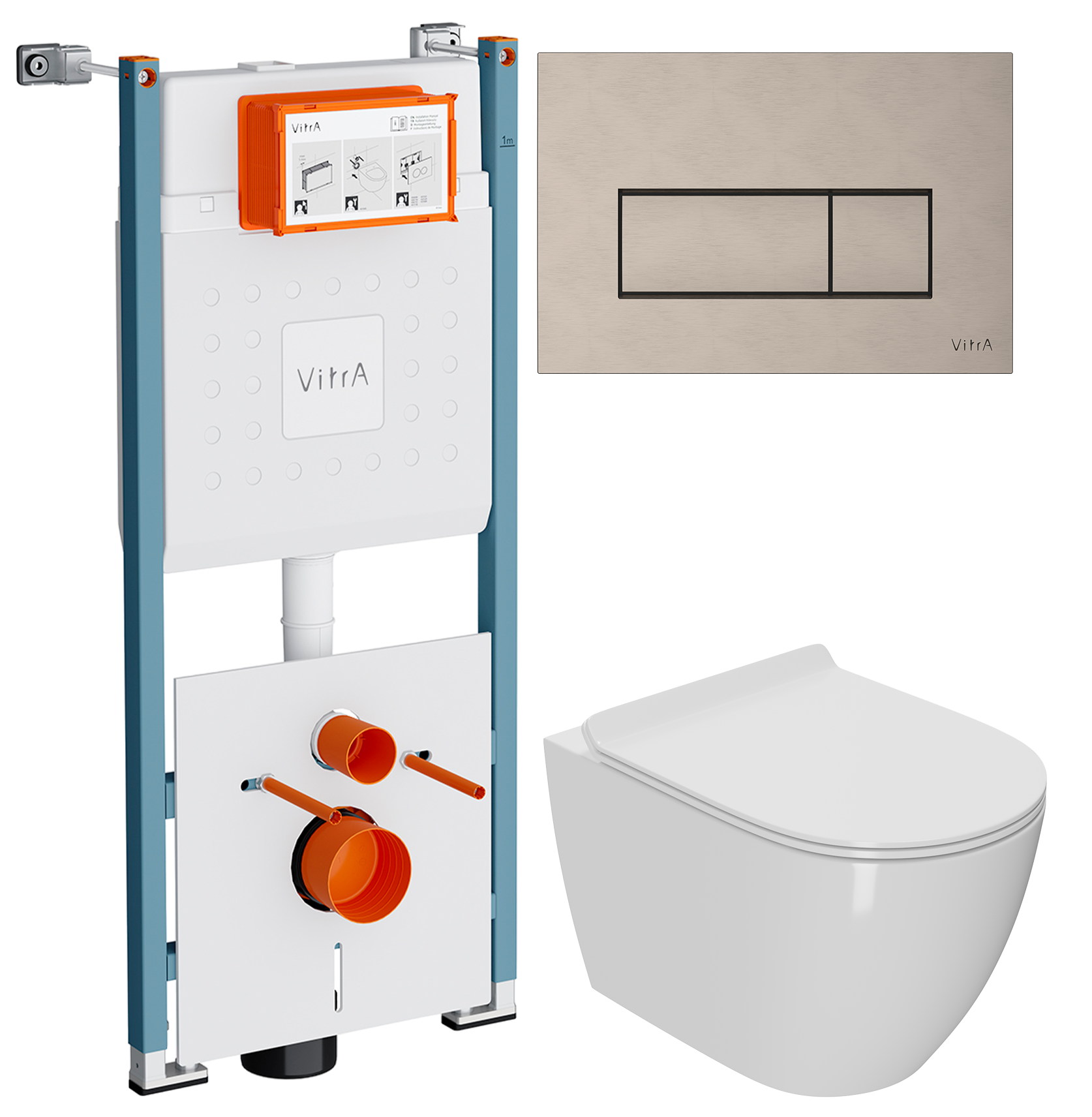 Комплект 3 в 1 Унитаз подвесной Bauedge Bau Ceramics + Инсталляция VitrA V-Fix Core 732-5800-01PV + Кнопка Root Square 740-2395 цвет никель