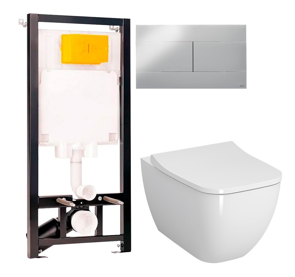 Комплект 3 в 1 Унитаз подвесной VitrA Shift 7742B003-0075 белая глянцевая + Сиденье Integra Square 191-003-009 с микролифтом + Инсталляция с кнопкой OLI 80 ECO Sanitarblock mechanic цвет черный