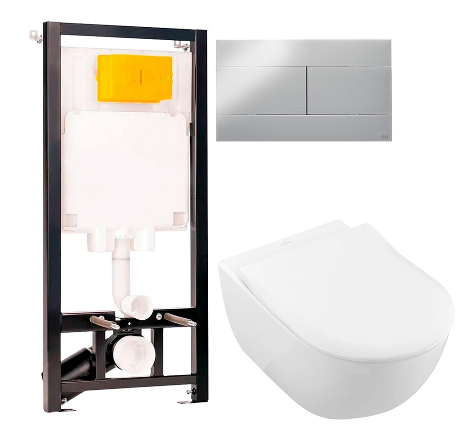 Комплект 2 в 1 Унитаз подвесной Villeroy & Boch Subway 2.0 5614R201 + Инсталляция с кнопкой OLI 80 ECO Sanitarblock mechanic цвет черный