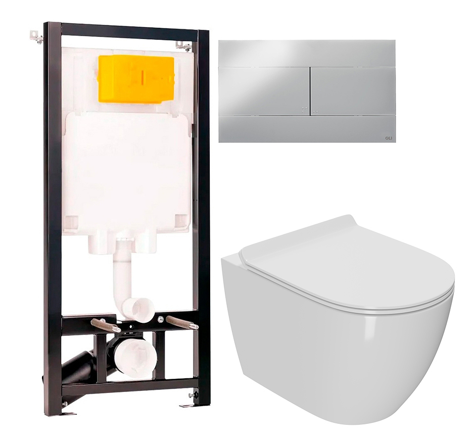 Комплект 2 в 1 Унитаз подвесной Bauedge Bau Ceramics + Инсталляция с кнопкой OLI 80 ECO Sanitarblock mechanic цвет черный