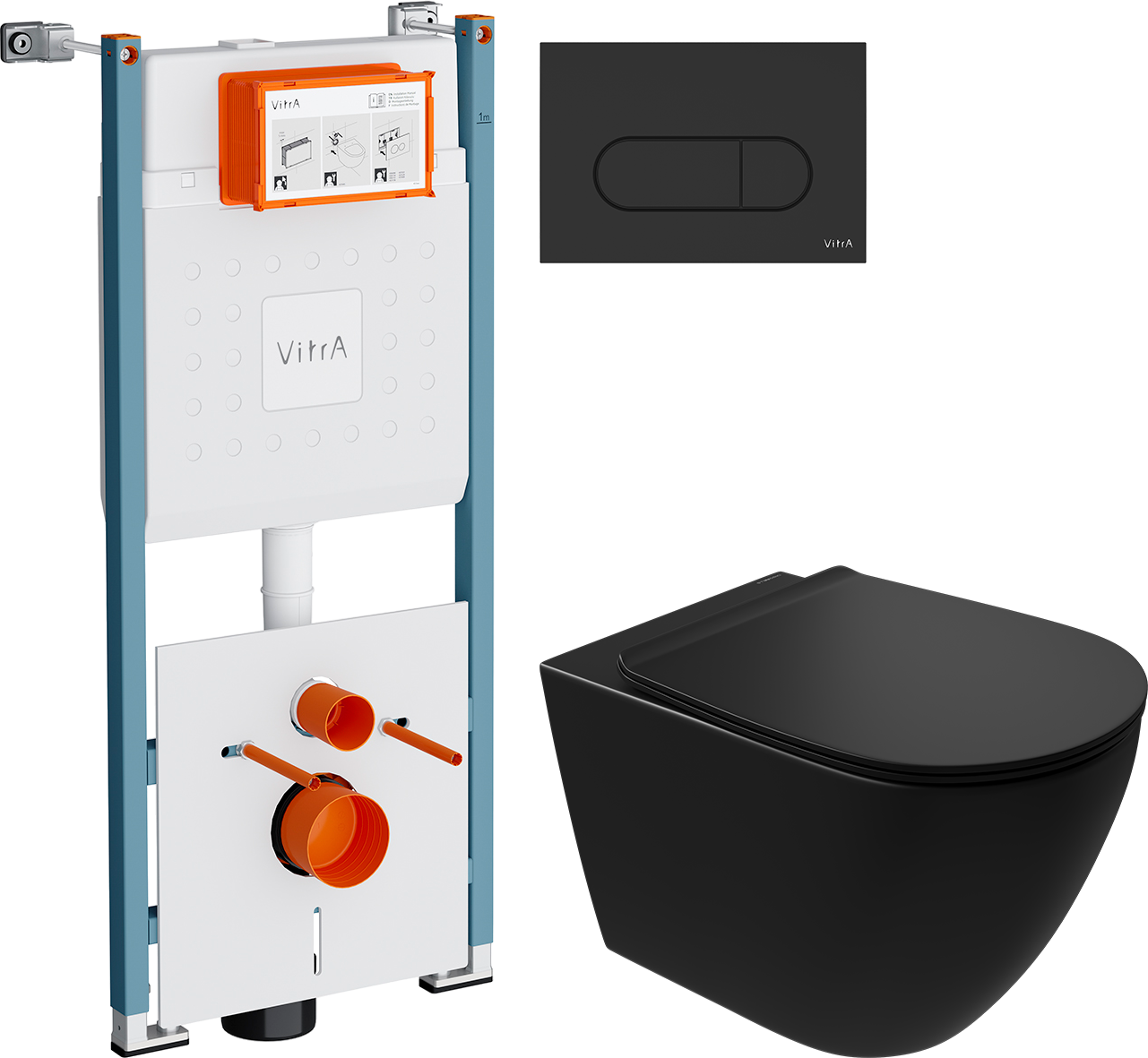 Комплект 3 в 1 Унитаз подвесной STWORKI Готланд S13401BK безободковый, с микролифтом, глянцевый черный, антивсплеск + Инсталляция VitrA V-Fix Core 732-5800-01PV + Кнопка Root Round 740-2211 цвет матовый черный
