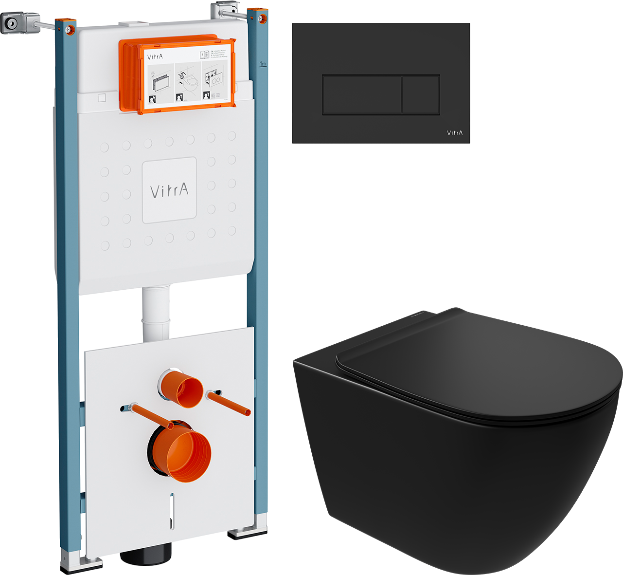 Комплект 3 в 1 Унитаз подвесной STWORKI Готланд S13401BK безободковый, с микролифтом, глянцевый черный, антивсплеск + Инсталляция VitrA V-Fix Core 732-5800-01PV + Кнопка Root Square 740-2311 цвет матовый черный