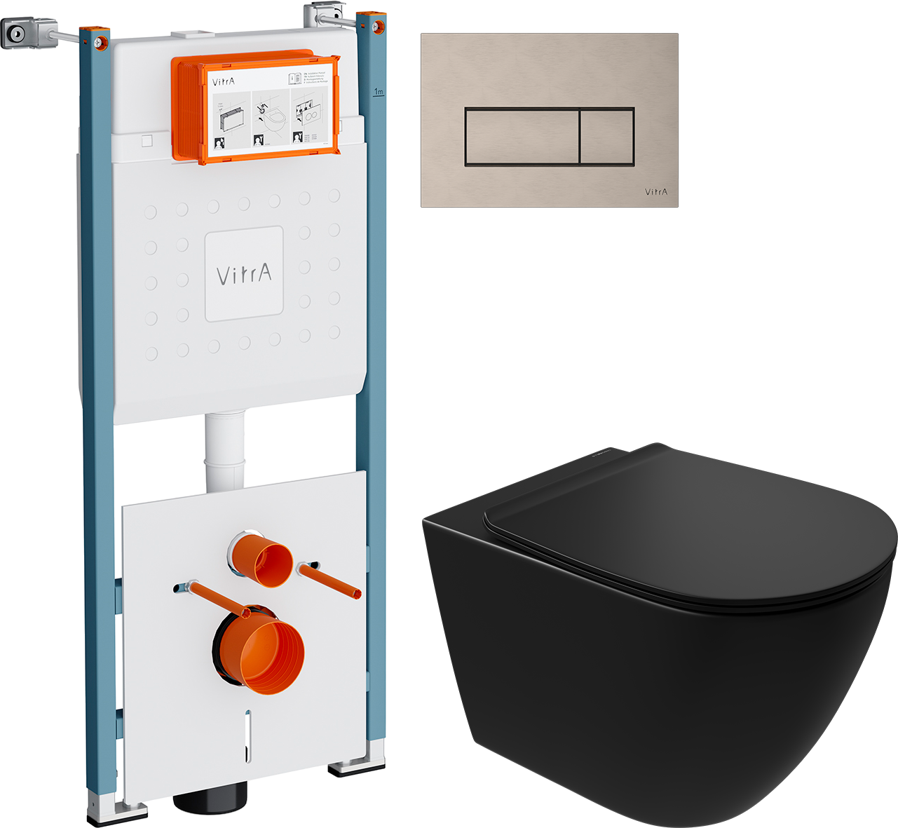 Комплект 3 в 1 Унитаз подвесной STWORKI Готланд S13401BK безободковый, с микролифтом, глянцевый черный, антивсплеск + Инсталляция VitrA V-Fix Core 732-5800-01PV + Кнопка Root Square 740-2395 цвет никель