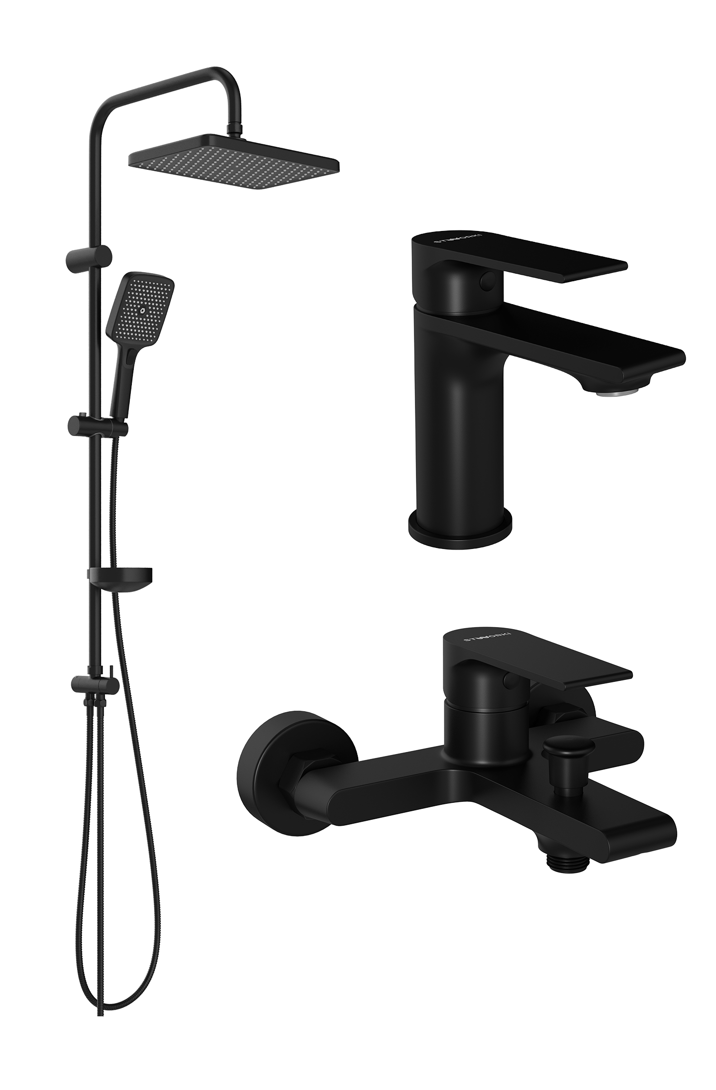 Комплект для ванной Смеситель STWORKI Колдинг S32010BK черный + Стойка Вестерос S26180BK матовая черная + Смеситель S32100BK матовый черный