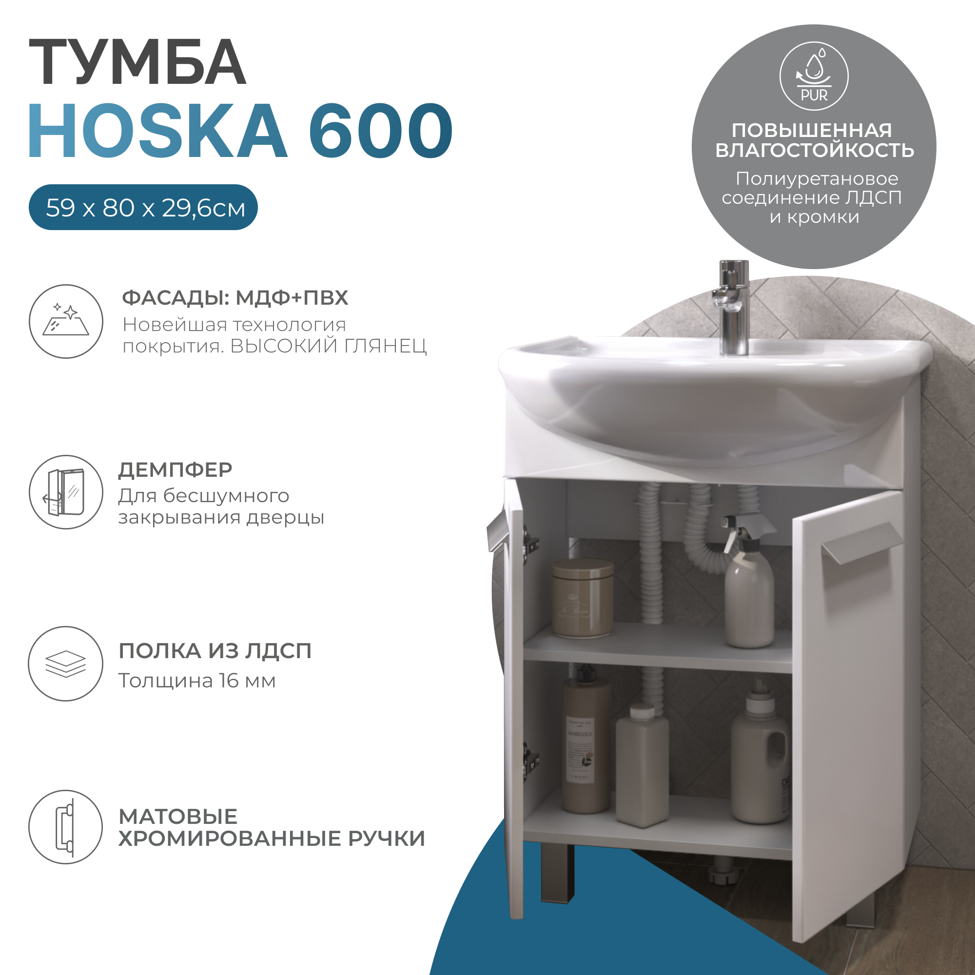 Тумба под раковину без столешницы Vigo Hoska 60 2 дверцы, для раковины Балтика, белая
