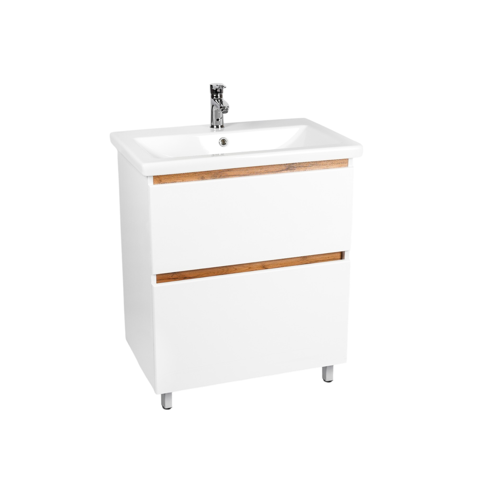 Тумба под раковину без столешницы VIANT Мальта 60 напольная, 2 ящика, глянцевая белая, дуб вотан