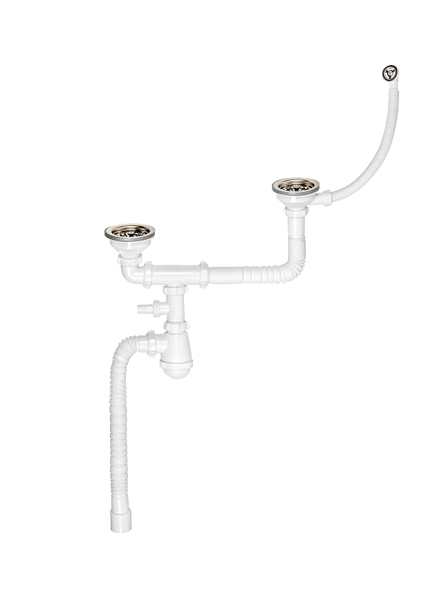 Сифон для мойки DIWO Мини 30770424 40 мм, бутылочный, глянцевый хром, нержавеющая сталь, с отводом для подключения бытовой техники, двойной