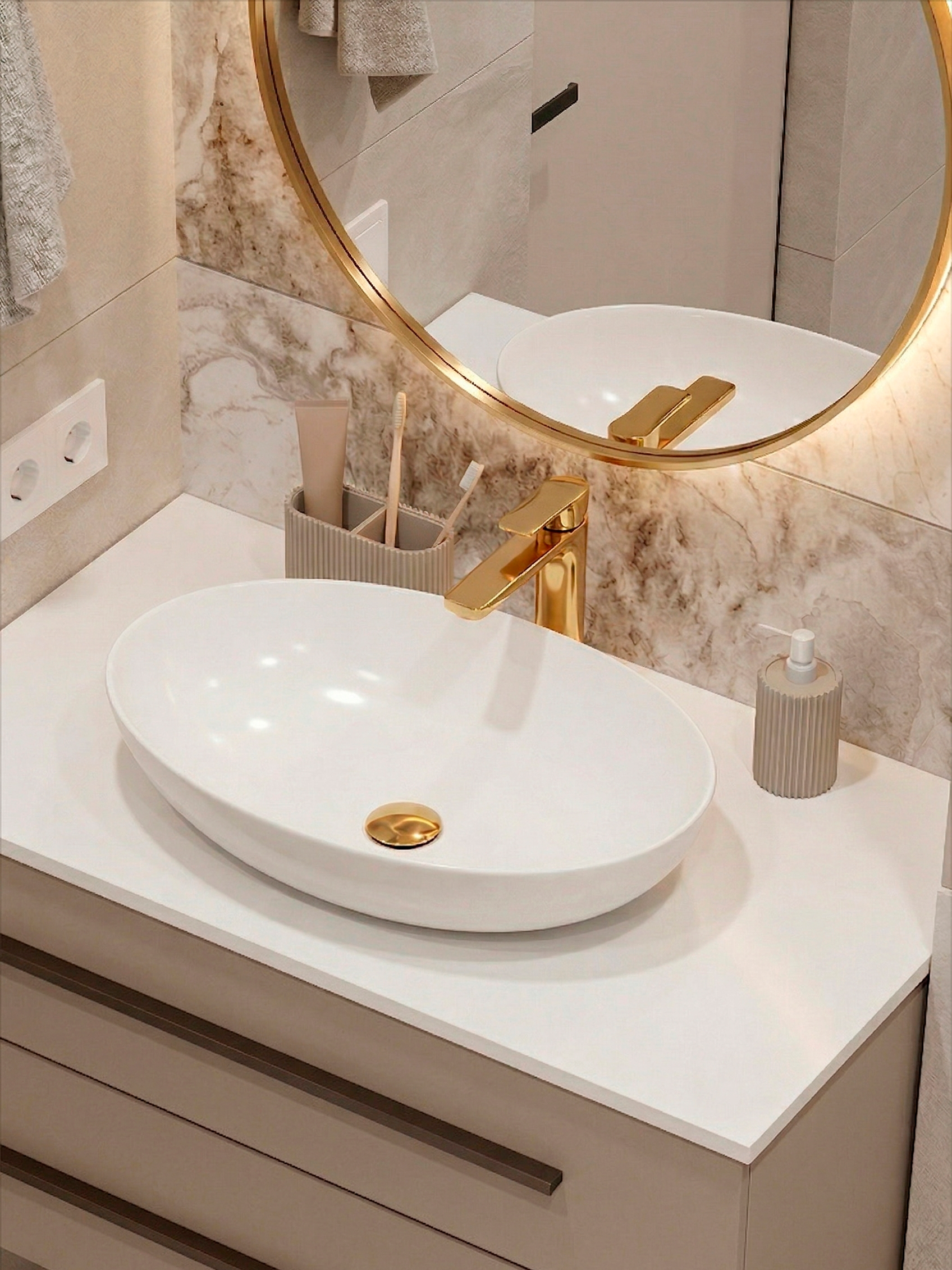 Накладная раковина STWORKI Молде 58x38 глянцевая белая, овальная, искусственный камень, ореол