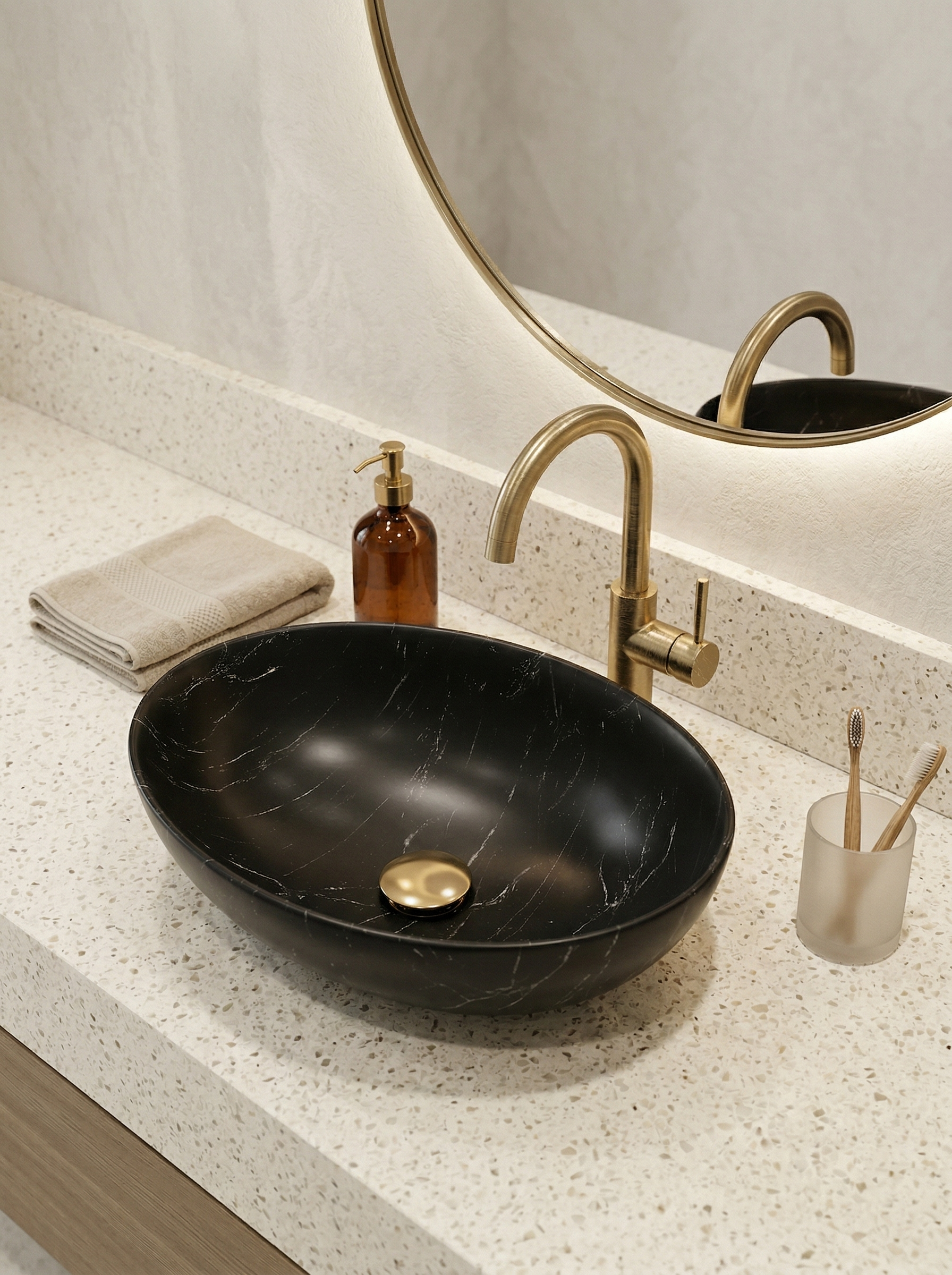 Накладная раковина STWORKI Молде 58x38 черный мрамор, овальная, искусственный камень, ореол