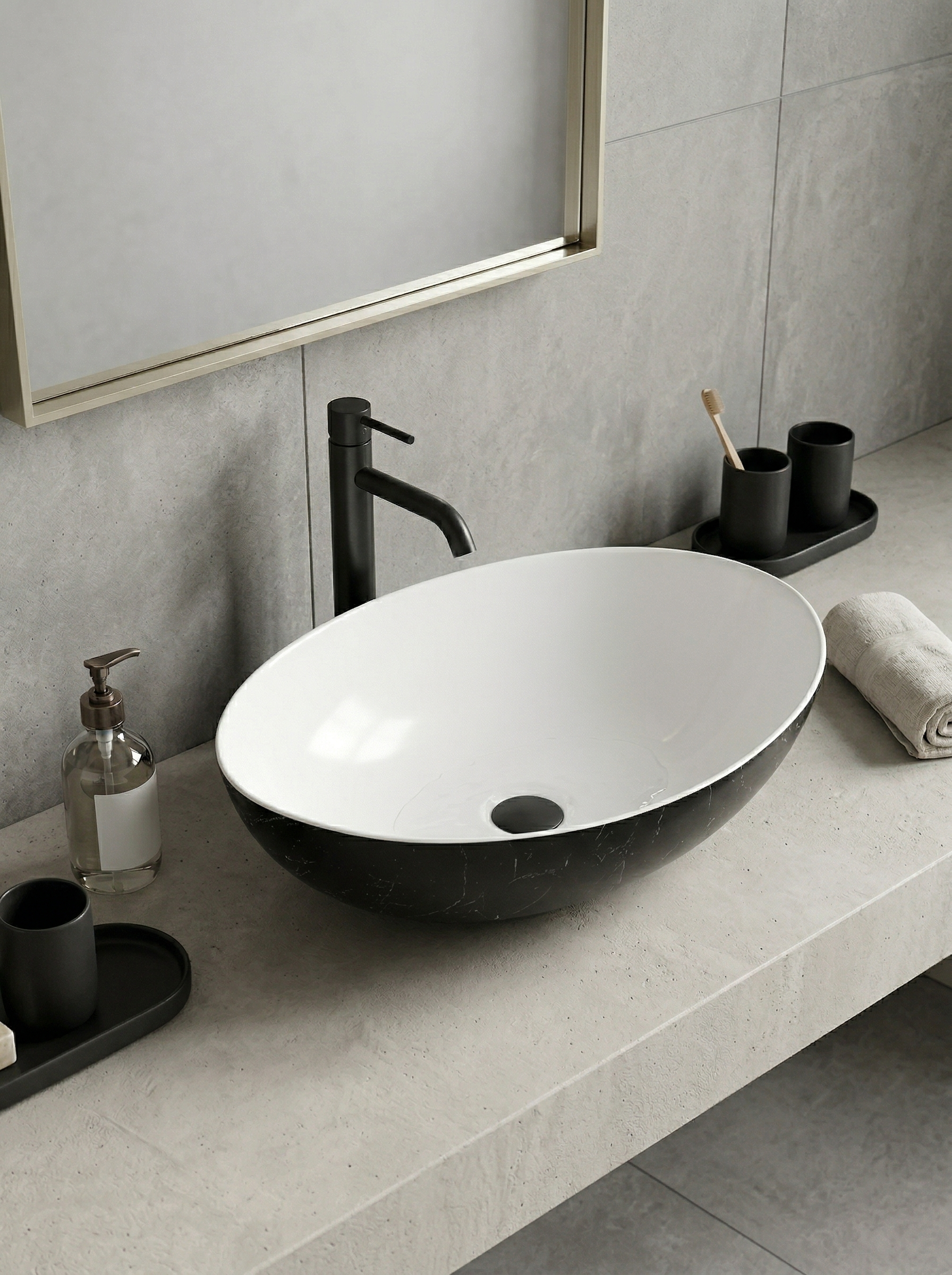 Накладная раковина STWORKI Молде 58x38 черный мрамор, белая, овальная, искусственный камень, ореол