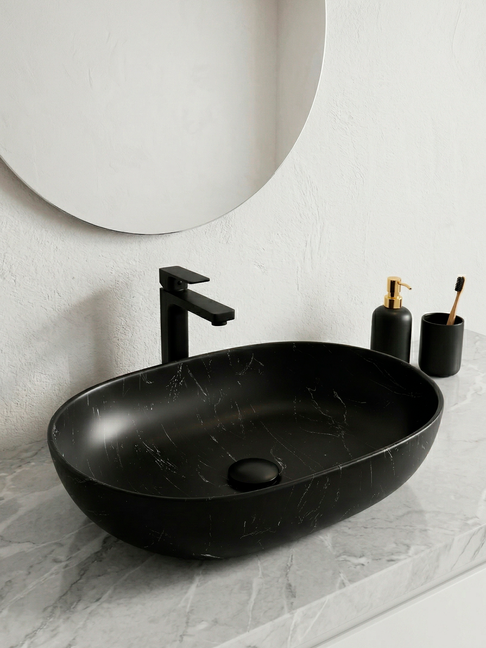 Накладная раковина STWORKI Молде 55x40 черный мрамор, овальная, искусственный камень, эллипс