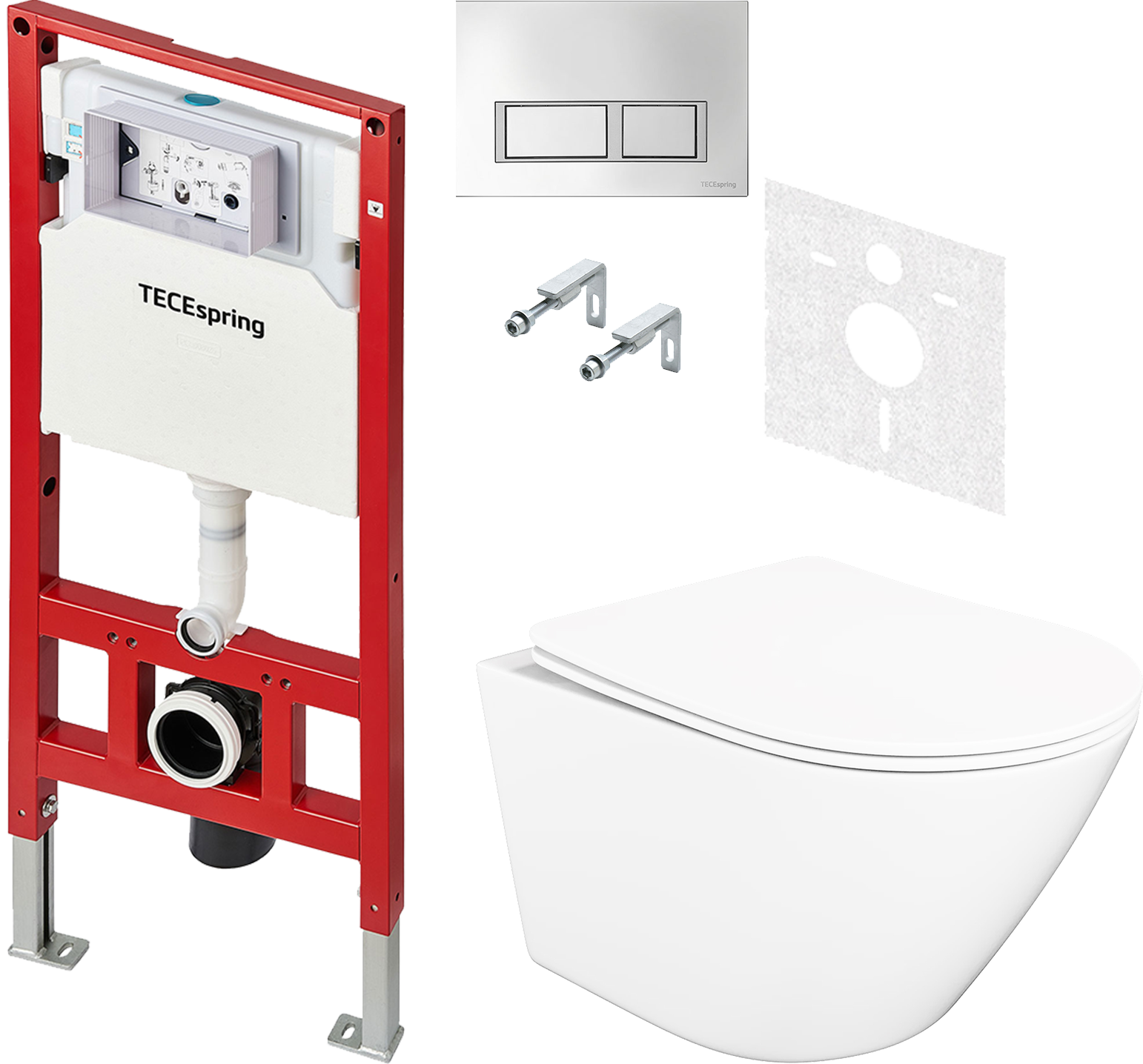 Комплект 5 в 1 Унитаз подвесной STWORKI Левангер S07401WH + Инсталляция с кнопкой TECE TECEspring S401201 + Крышка-сиденье + Комплект шумоизоляции