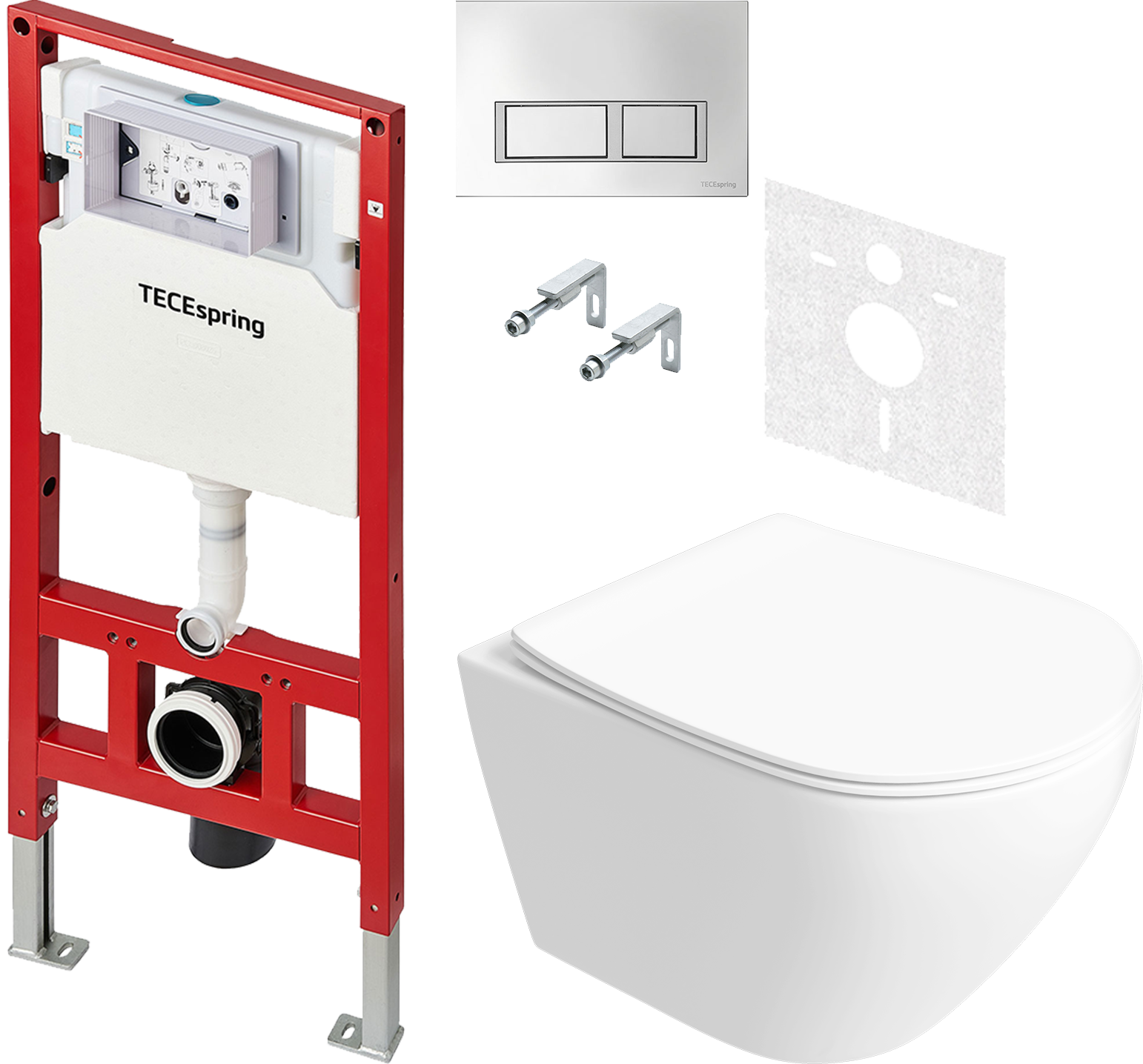 Комплект 5 в 1 Унитаз подвесной STWORKI Кронборг S28401WH + Инсталляция с кнопкой TECE TECEspring S401201 + Крышка-сиденье + Комплект шумоизоляции