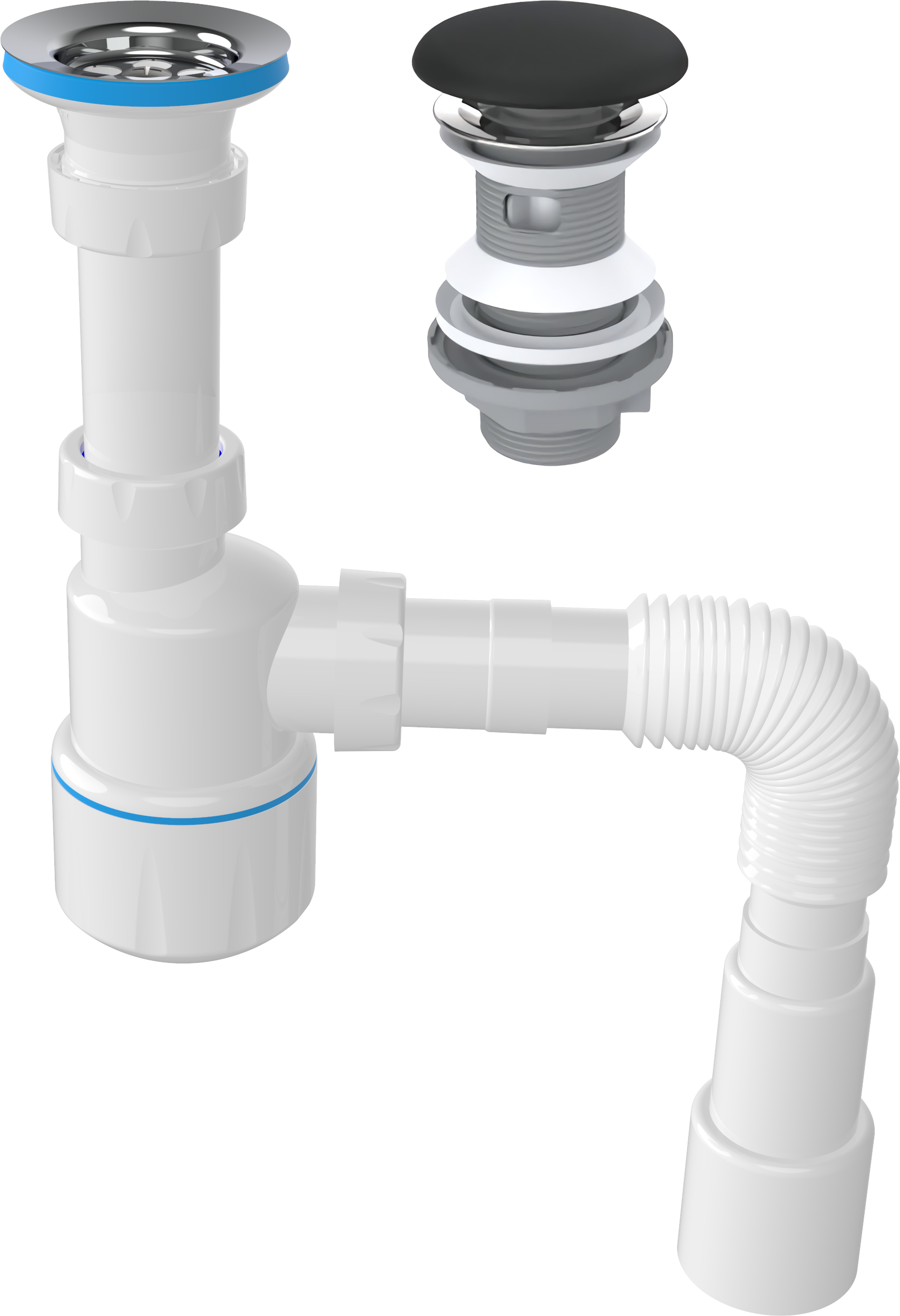 Комплект Донный клапан EWRIKA 8500385204 матовый черный + Сифон Wirquin Минор 30718050 бутылочный, белый