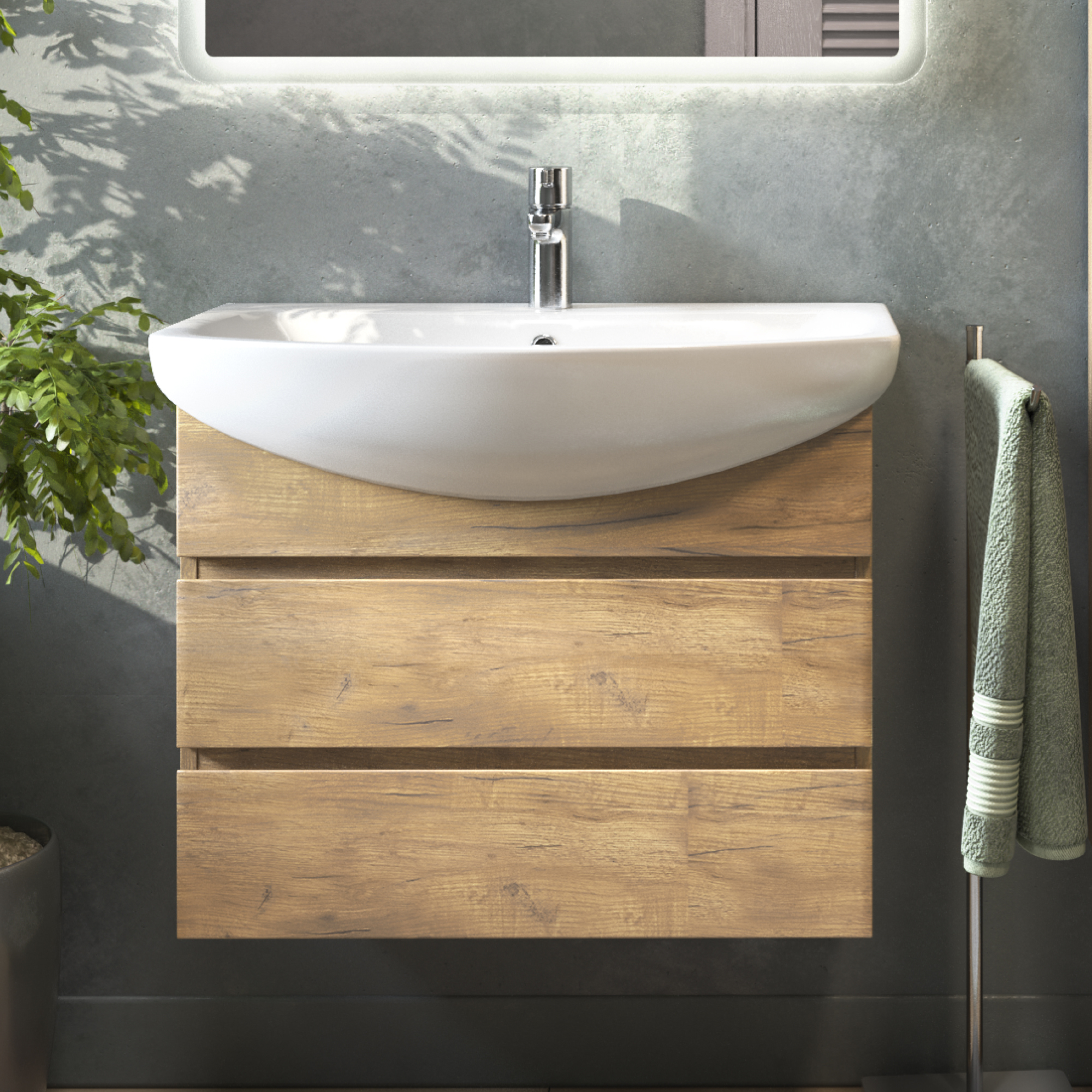 Тумба с раковиной Vigo Wing 60 подвесная, 2 ящика, дуб золотой, раковина Балтика 60