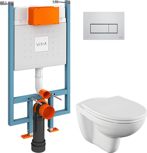 Комплект 3 в 1 Унитаз подвесной Norm Fit 6855B099-1777 + Сиденье VitrA Norm 84-003-749 с микролифтом + Инсталляция с кнопкой V-Fix Core 738-5800-01 цвет хром глянец