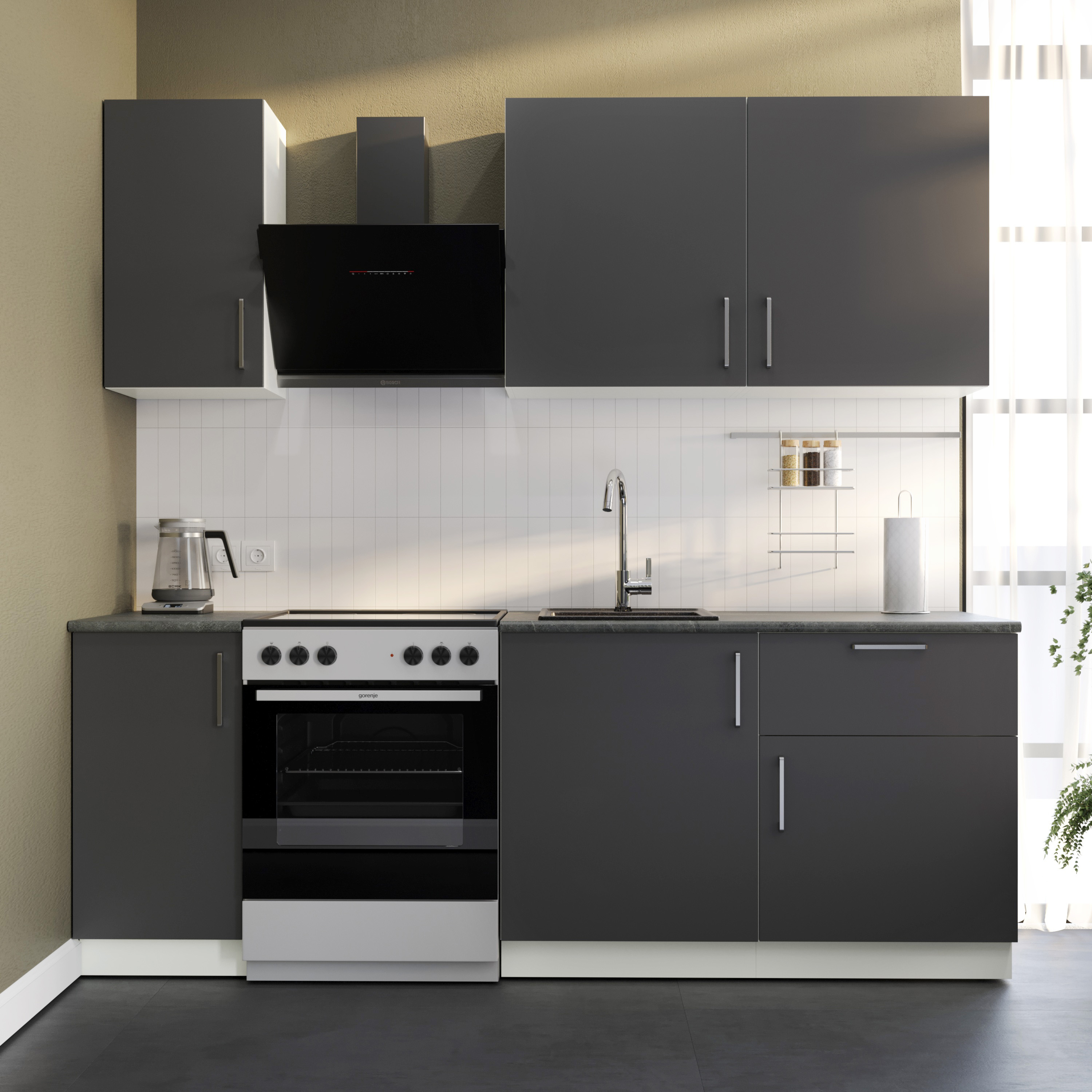 Кухонный гарнитур Domaci Болонья 220 см, фасад графит, ручка хром, столешница луна KUH-708336