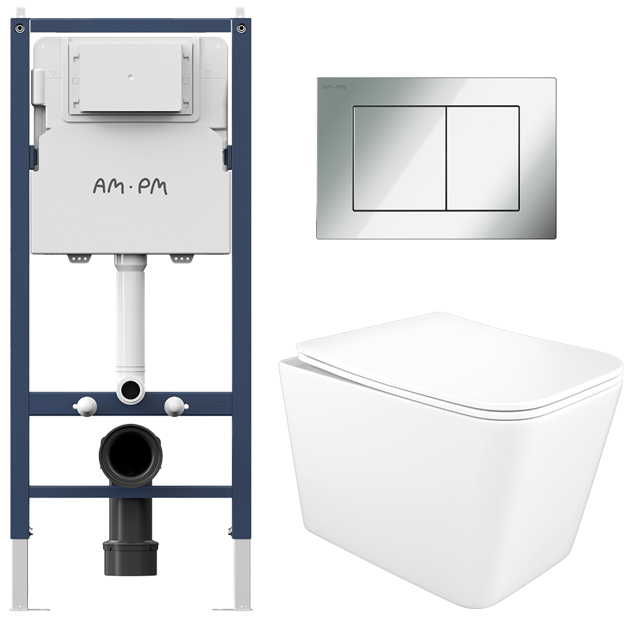 Комплект 3 в 1 Унитаз подвесной STWORKI Молде S23401WH, безободковый, с микролифтом, антивсплеск + Инсталляция AM.PM PrimeFit I012709 цвет белый + Кнопка PrimeFit S I090251 цвет глянцевый хром