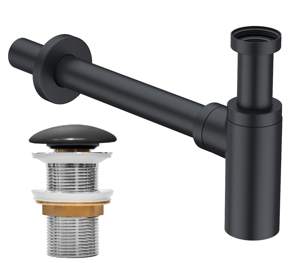 Комплект Донный клапан IDDIS Optima Home OPHBM00i88 матовый черный + Сифон OPTBL00i84 бутылочный, матовый черный