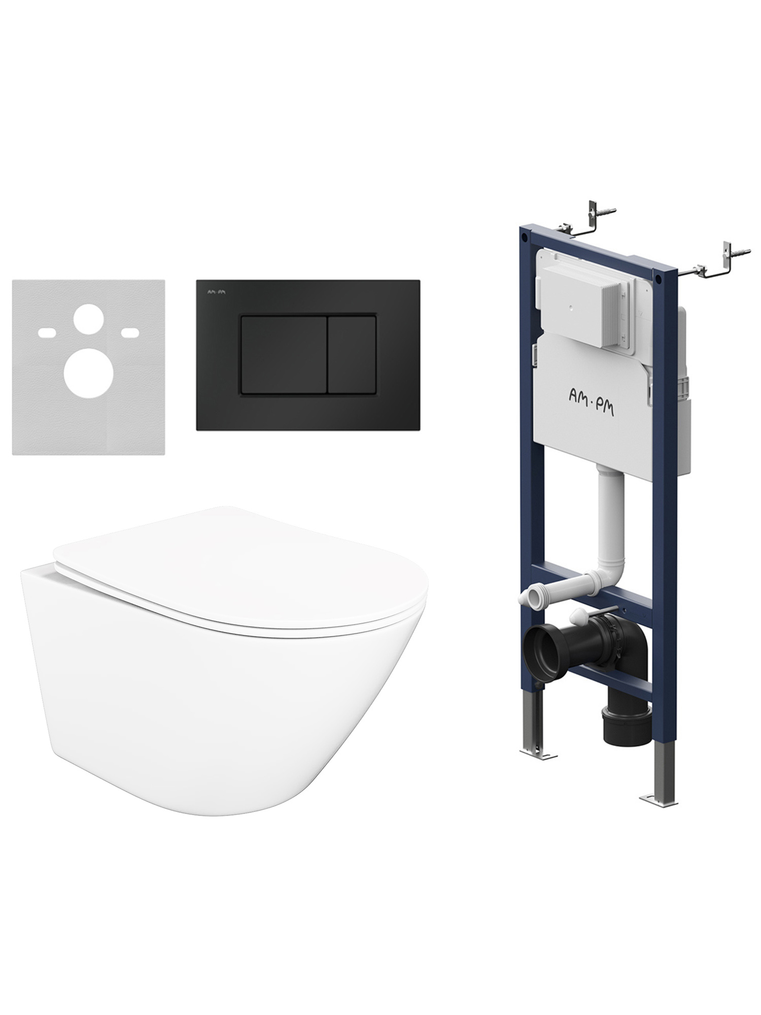 Комплект 4 в 1: Инсталляция AM.PM PrimeFit S I012709.0238 + Унитаз подвесной STWORKI Левангер S07401WH безободковый, с микролифтом + Комплект шумоизоляции + Кнопка матовая черная