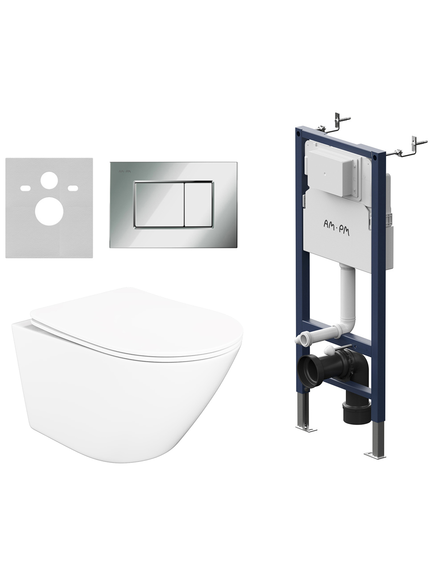 Комплект 4 в 1: Инсталляция AM.PM PrimeFit S I012709.0251 + Унитаз подвесной STWORKI Левангер S07401WH безободковый, с микролифтом + Комплект шумоизоляции + Кнопка хром глянец