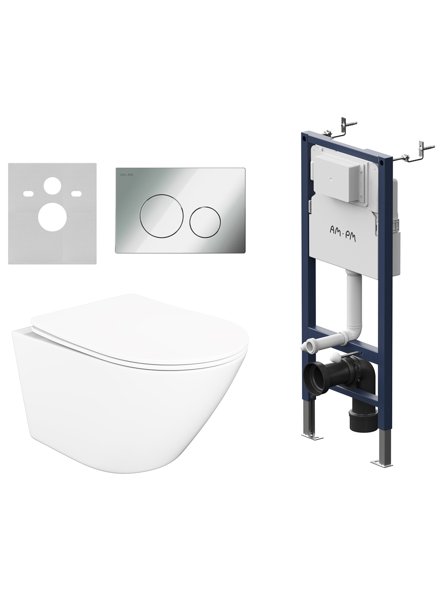 Комплект 4 в 1: Инсталляция AM.PM PrimeFit I012709.0151 + Унитаз подвесной STWORKI Левангер S07401WH безободковый, с микролифтом + Комплект шумоизоляции + Кнопка хром