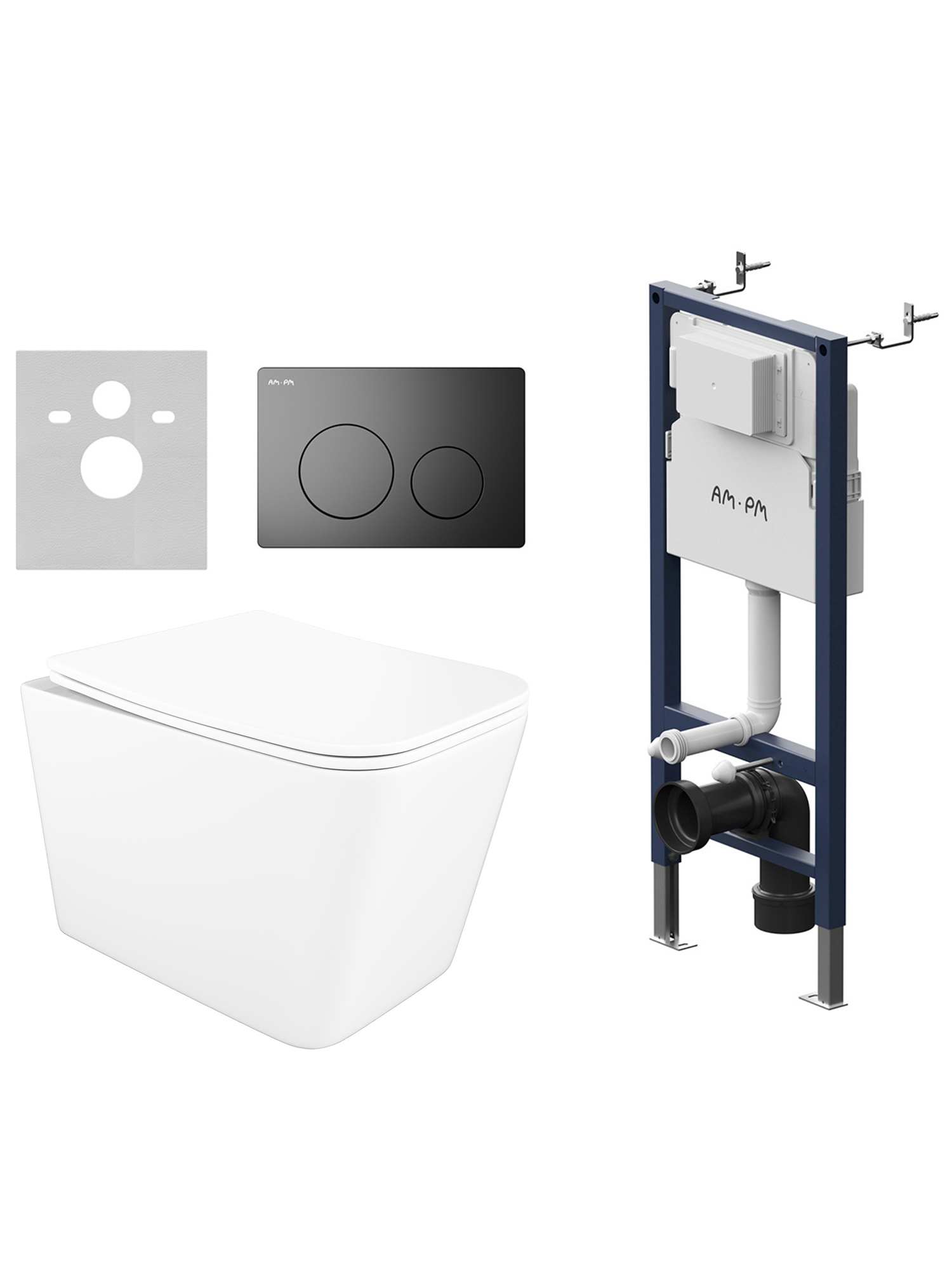 Комплект 5 в 1: Инсталляция AM.PM PrimeFit I012709.0138 + Унитаз подвесной STWORKI Молде S23401WH безободковый + Сиденье с микролифтом + Комплект шумоизоляции + Кнопка матовая черная