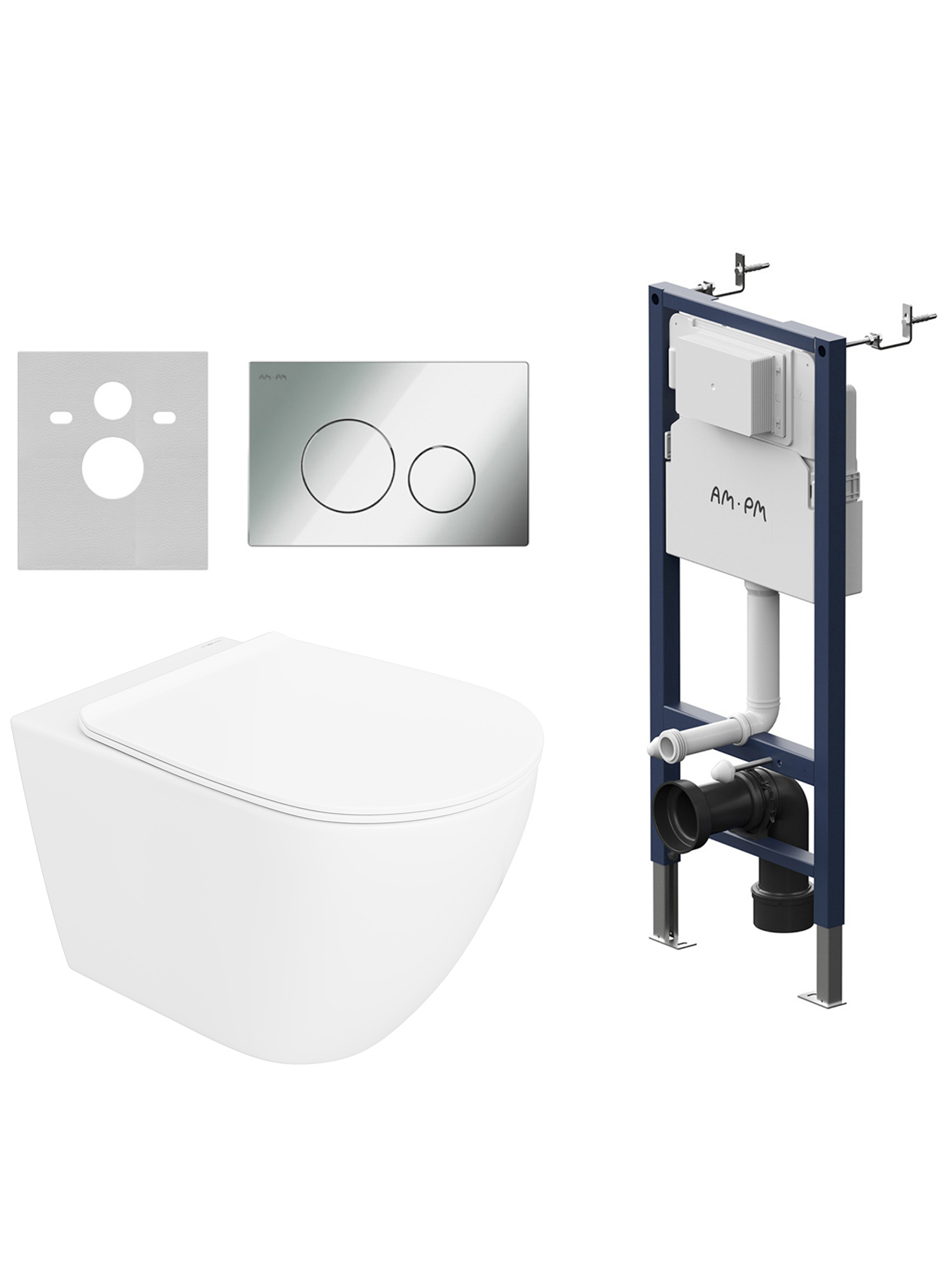 Комплект 4 в 1: Инсталляция AM.PM PrimeFit I012709.0151 + Унитаз подвесной STWORKI Готланд S13401WH безободковый, с микролифтом + Комплект шумоизоляции + Кнопка хром