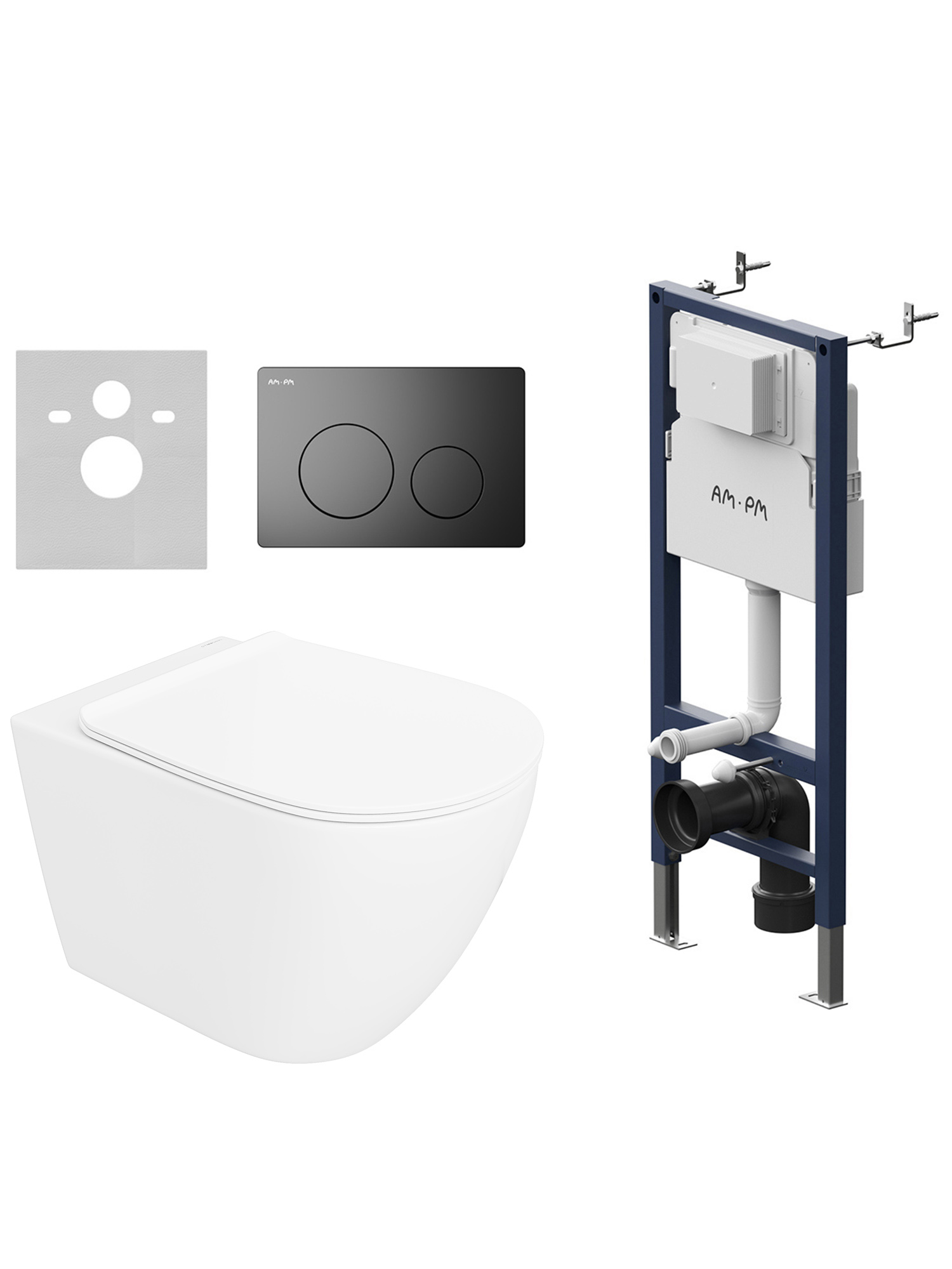 Комплект 4 в 1: Инсталляция AM.PM PrimeFit I012709.0138 + Унитаз подвесной STWORKI Готланд S13401WH безободковый, с микролифтом + Комплект шумоизоляции + Кнопка матовая черная