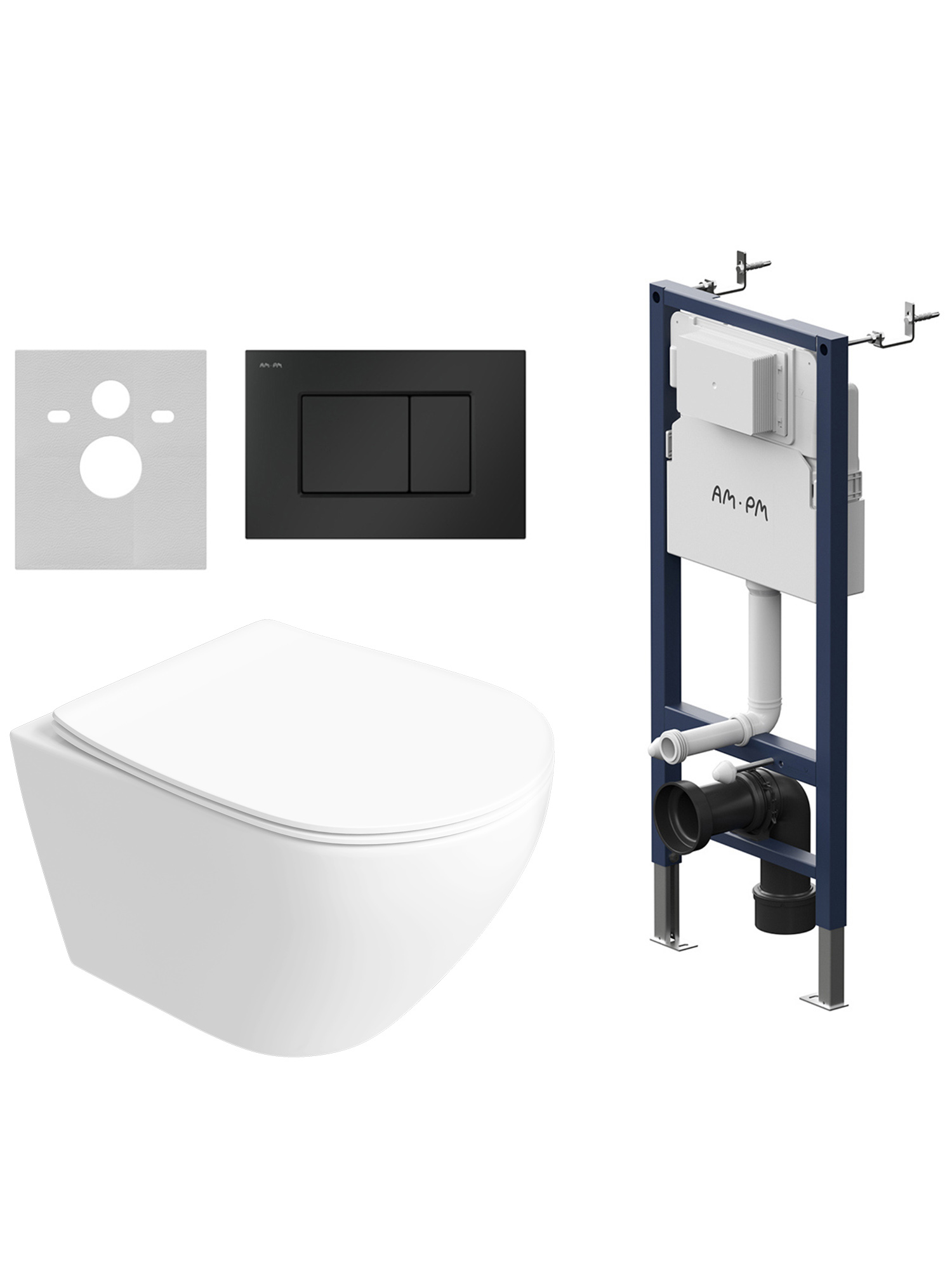 Комплект 4 в 1: Инсталляция AM.PM PrimeFit S I012709.0238 + Унитаз подвесной STWORKI Кронборг S28401WH безободковый, с микролифтом + Комплект шумоизоляции + Кнопка матовая черная