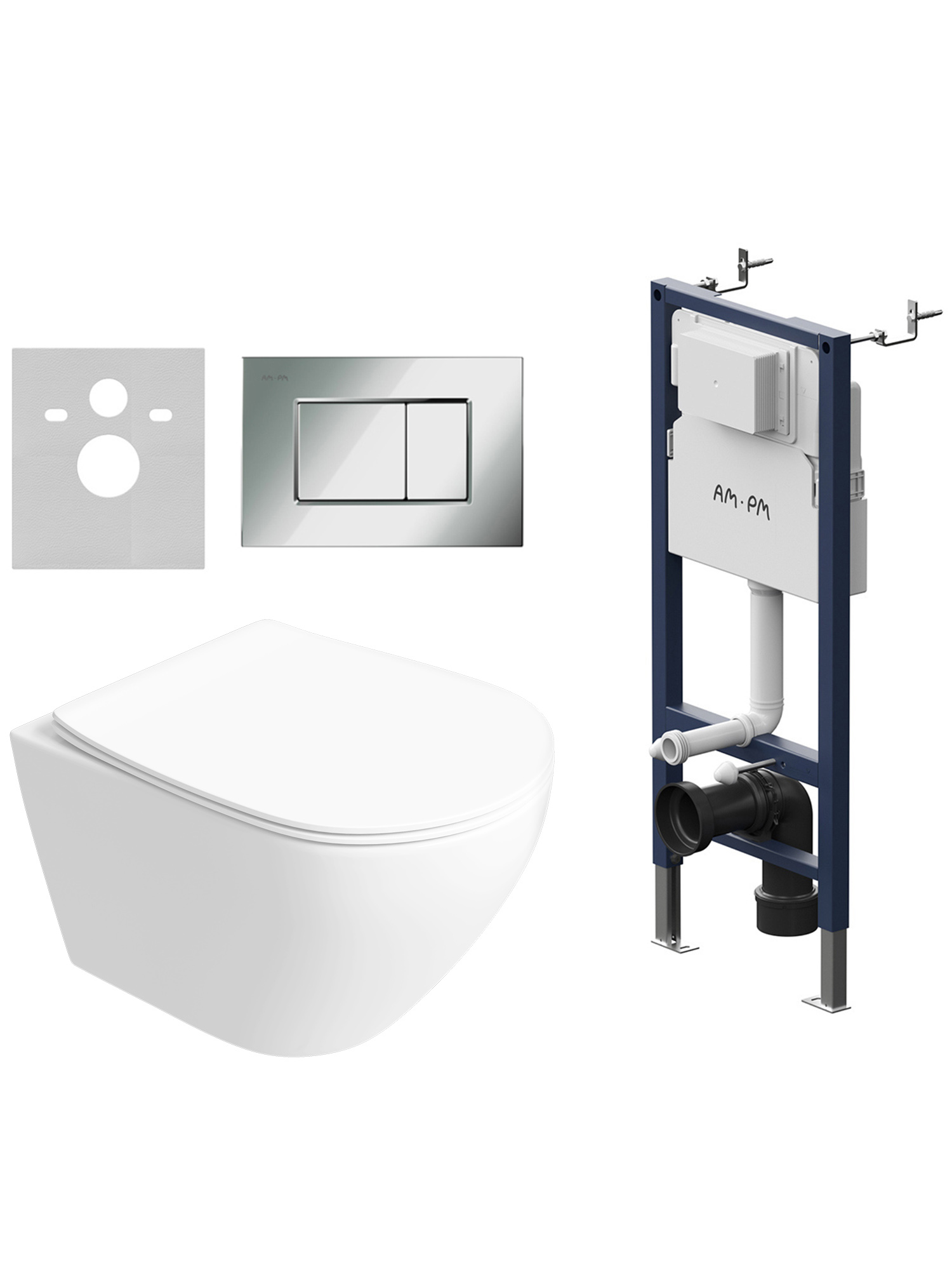 Комплект 4 в 1: Инсталляция AM.PM PrimeFit S I012709.0251 + Унитаз подвесной STWORKI Кронборг S28401WH безободковый, с микролифтом + Комплект шумоизоляции + Кнопка хром глянец