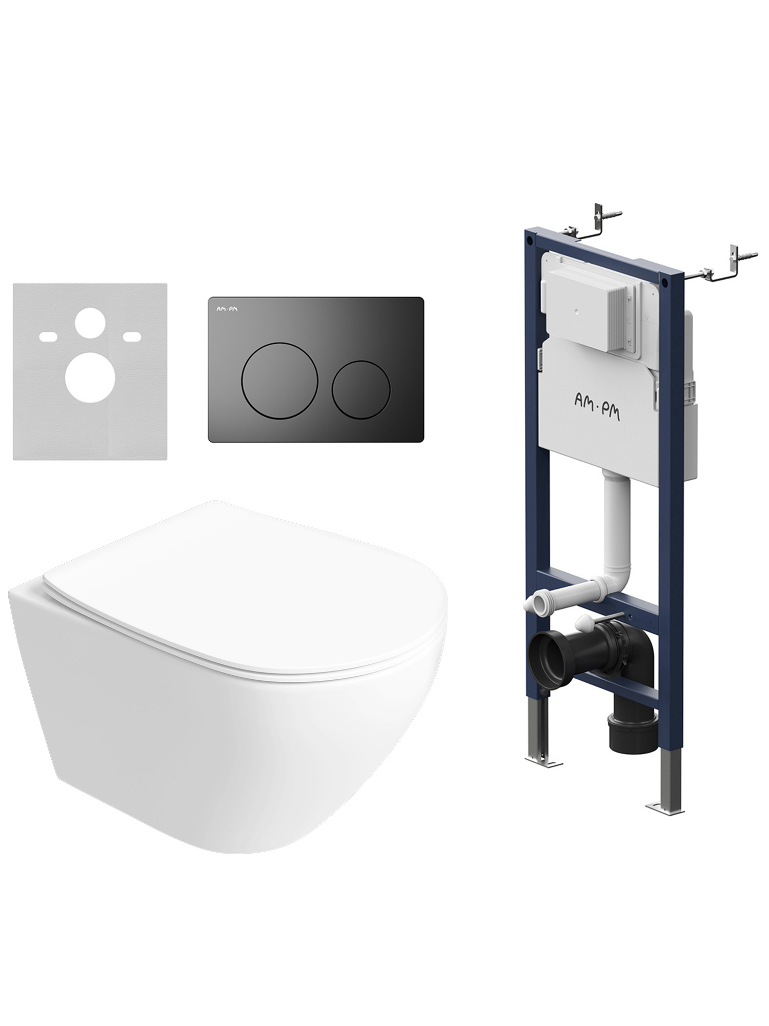 Комплект 4 в 1: Инсталляция AM.PM PrimeFit I012709.0138 + Унитаз подвесной STWORKI Кронборг S28401WH безободковый, с микролифтом + Комплект шумоизоляции + Кнопка матовая черная