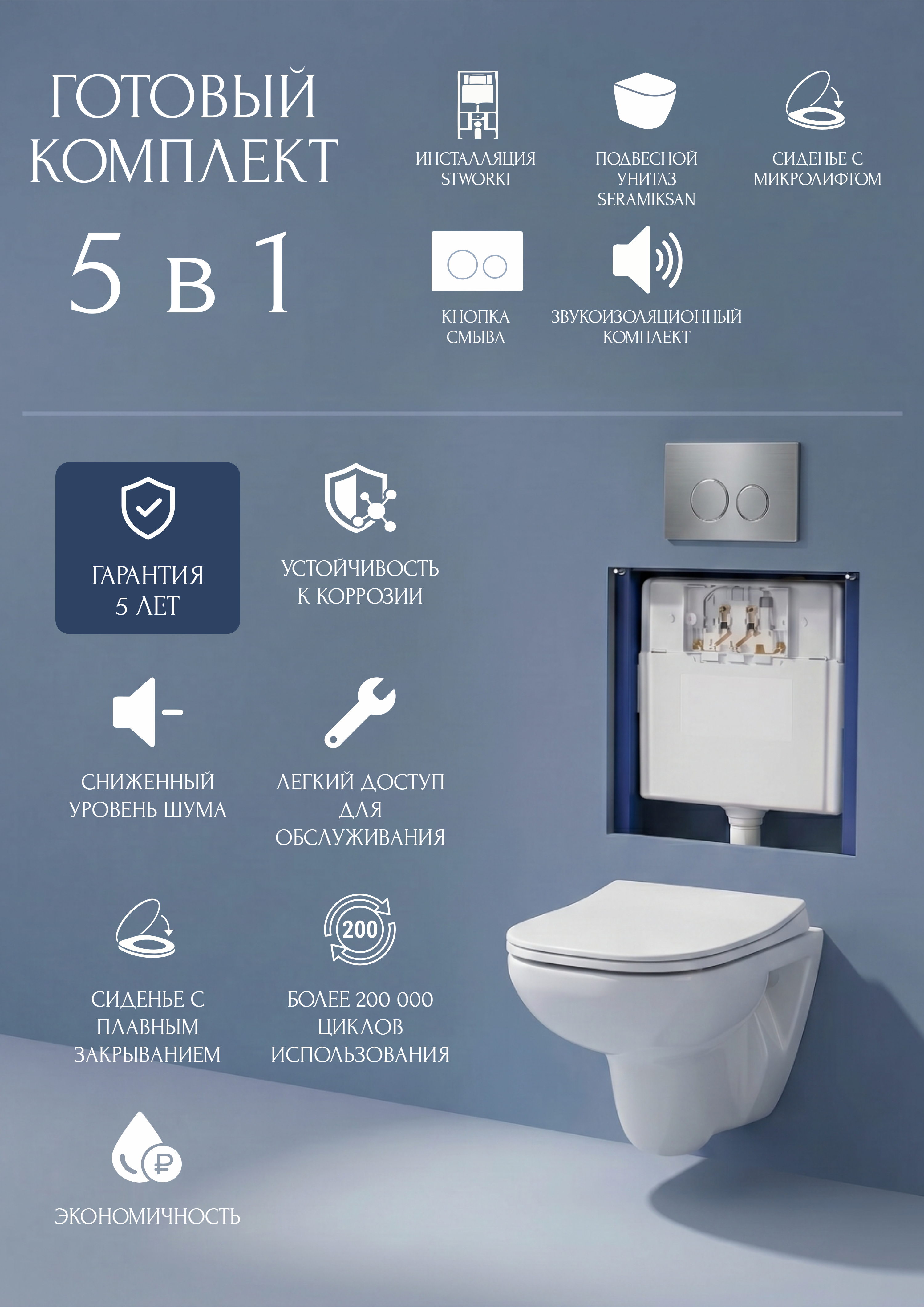 Комплект 5 в 1 Унитаз подвесной Seramiksan Petite A101002H + Сиденье AG50006, с микролифтом + Инсталляция с кнопкой STWORKI Хельсинки S33500CR цвет хром + Шумоизоляция