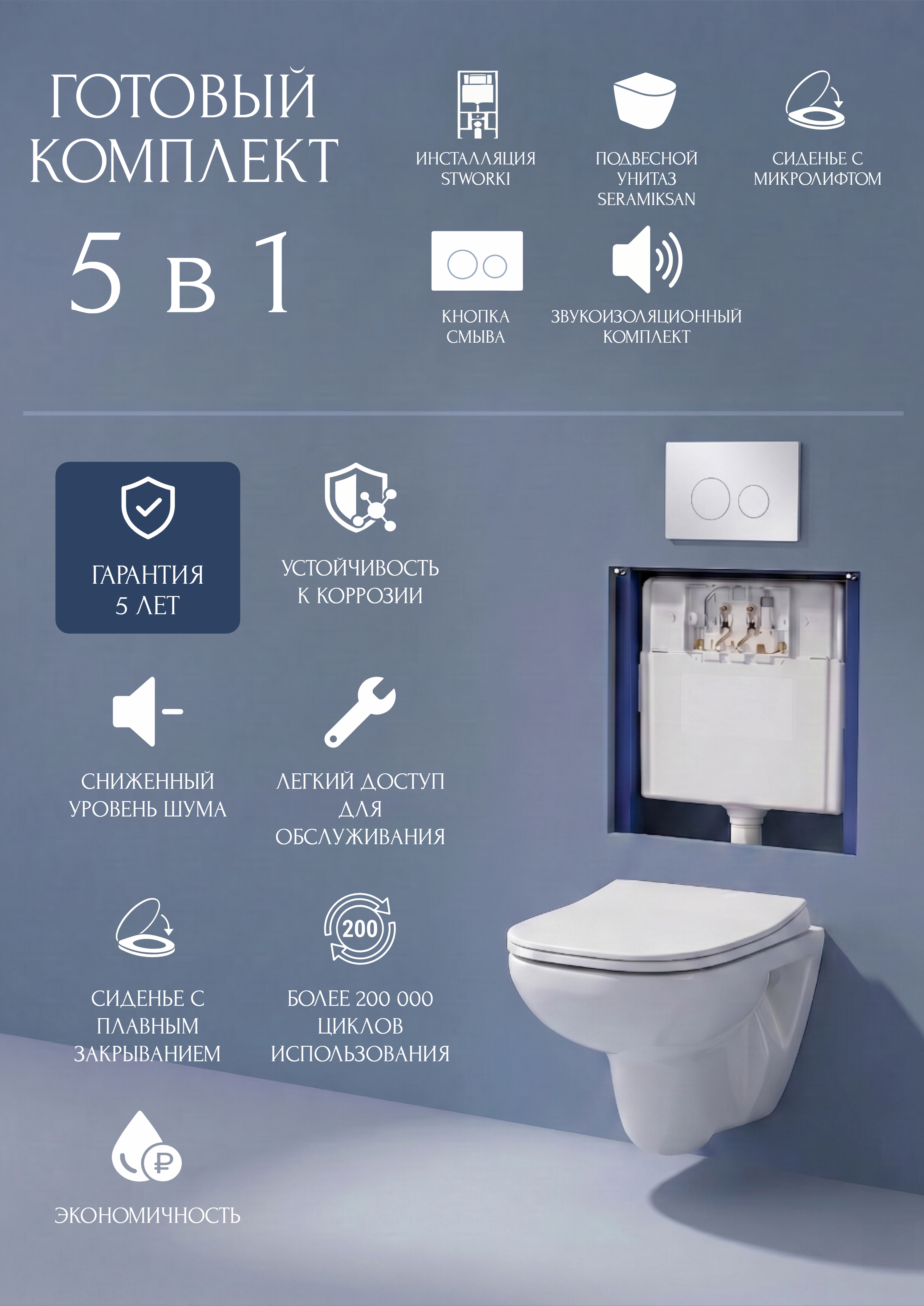 Комплект 5 в 1 Унитаз подвесной Seramiksan Petite A101002H + Сиденье AG50006, с микролифтом + Инсталляция с кнопкой STWORKI Хельсинки S33500WH цвет глянцевый белый + Шумоизоляция