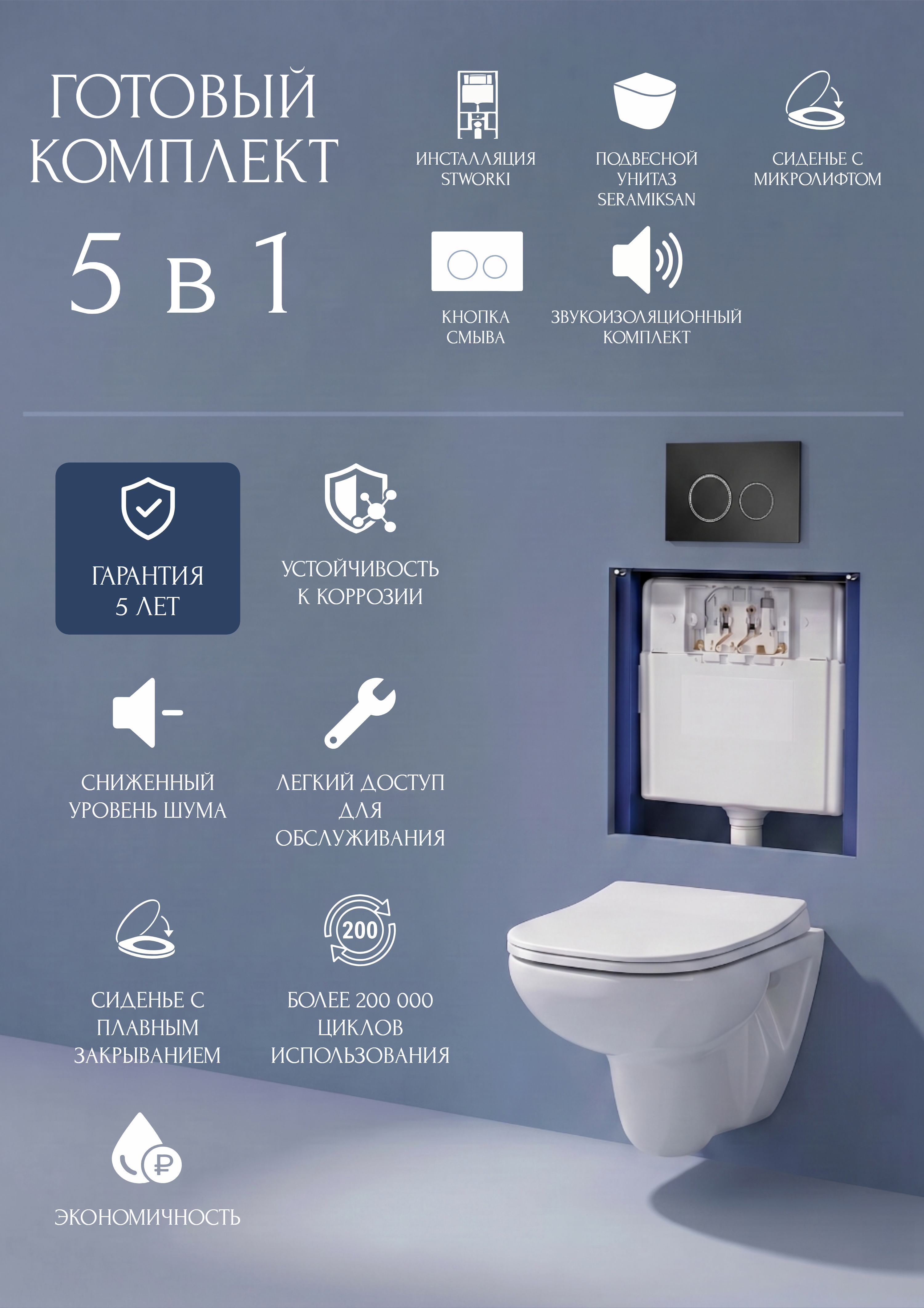 Комплект 5 в 1 Унитаз подвесной Seramiksan Petite A101002H + Сиденье AG50006, с микролифтом + Инсталляция с кнопкой STWORKI Хельсинки S33500BK цвет матовый черный + Шумоизоляция