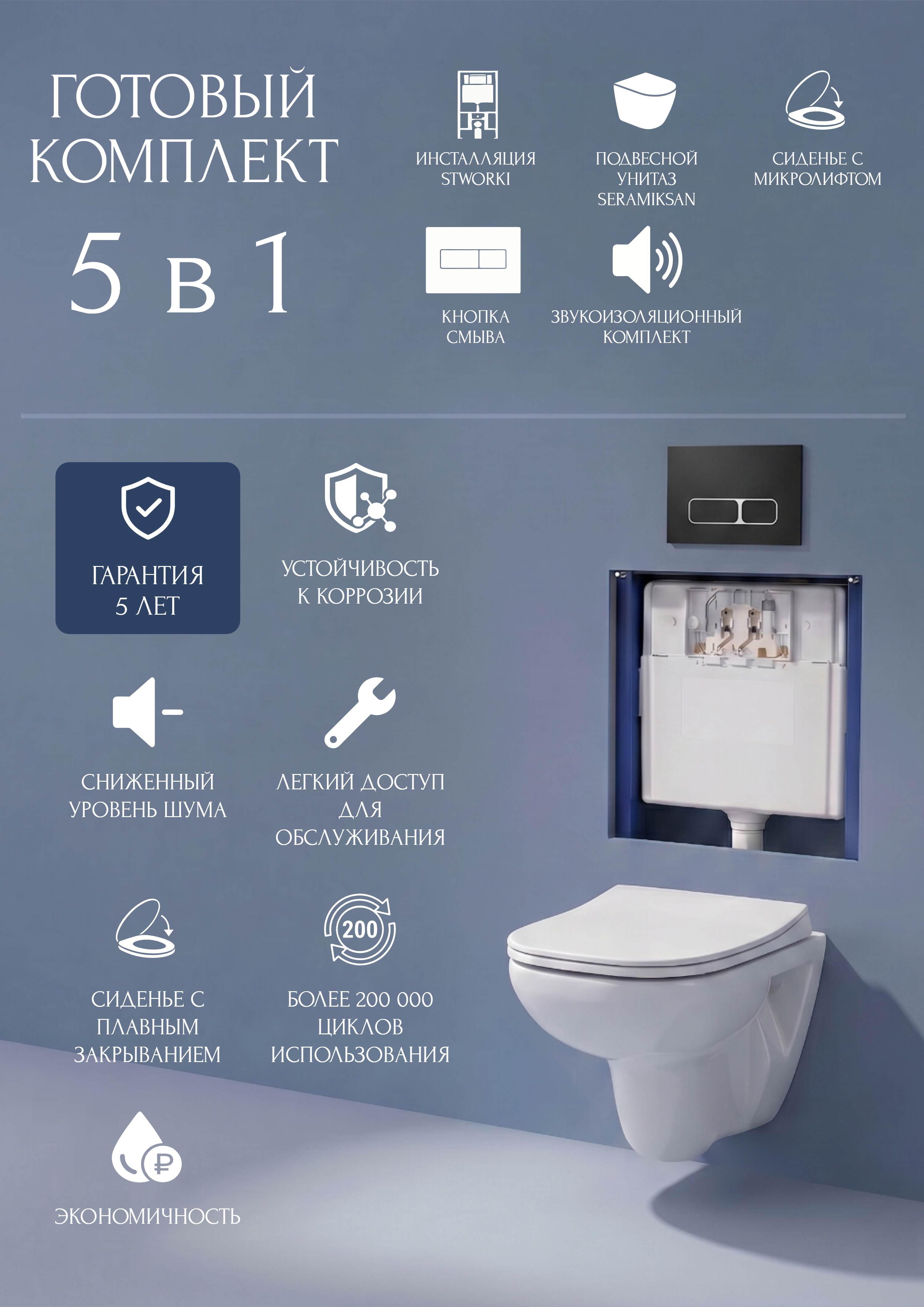 Комплект 5 в 1 Унитаз подвесной Seramiksan Petite A101002H + Сиденье AG50006, с микролифтом + Инсталляция с кнопкой STWORKI Кронборг S28500BK цвет матовый черный + Шумоизоляция