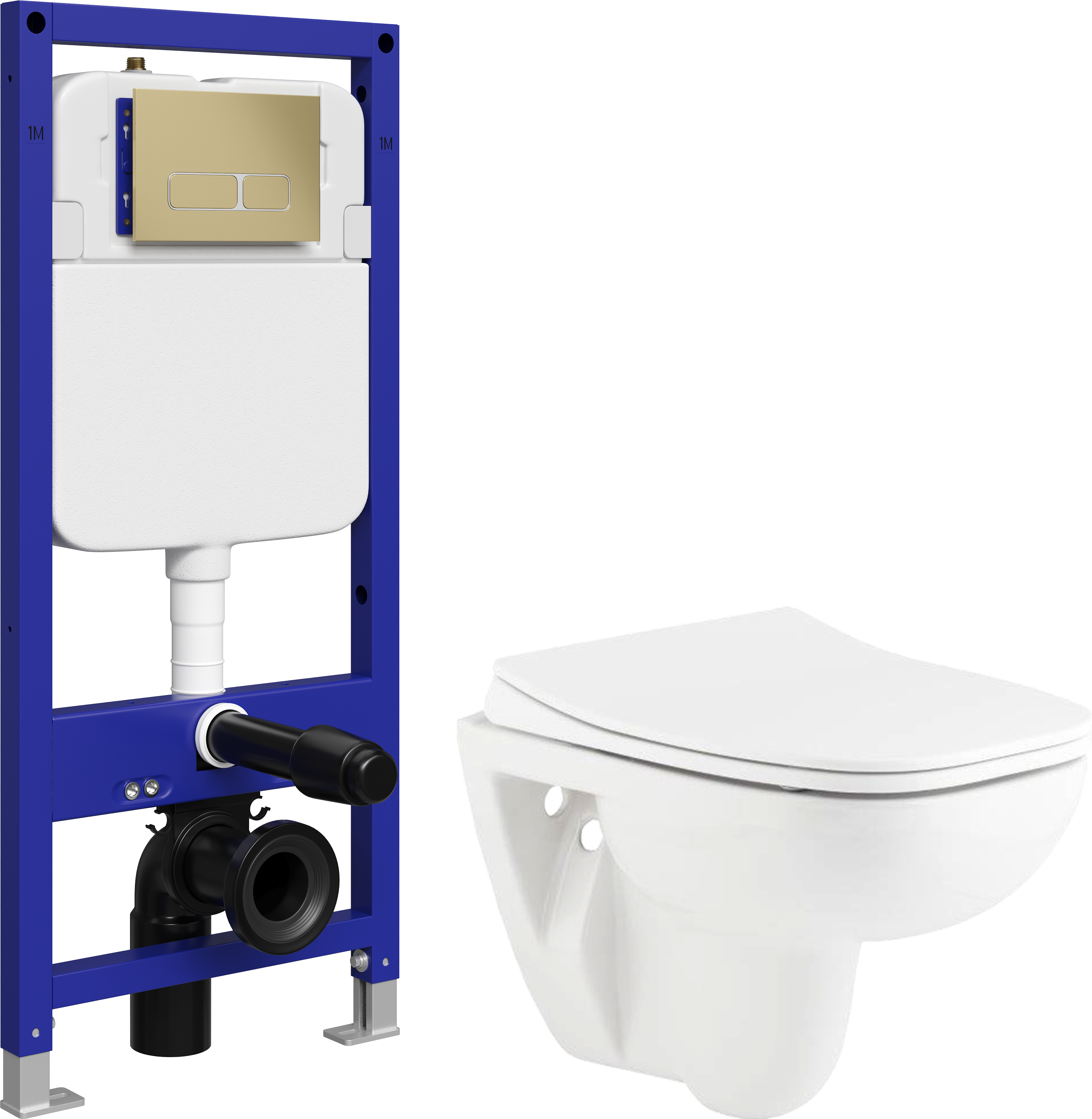 Комплект 5 в 1 Унитаз подвесной Seramiksan Petite A101002H + Сиденье AG50006, с микролифтом + Инсталляция с кнопкой STWORKI Кронборг S28500GM цвет матовый золотой, матовое золото + Шумоизоляция