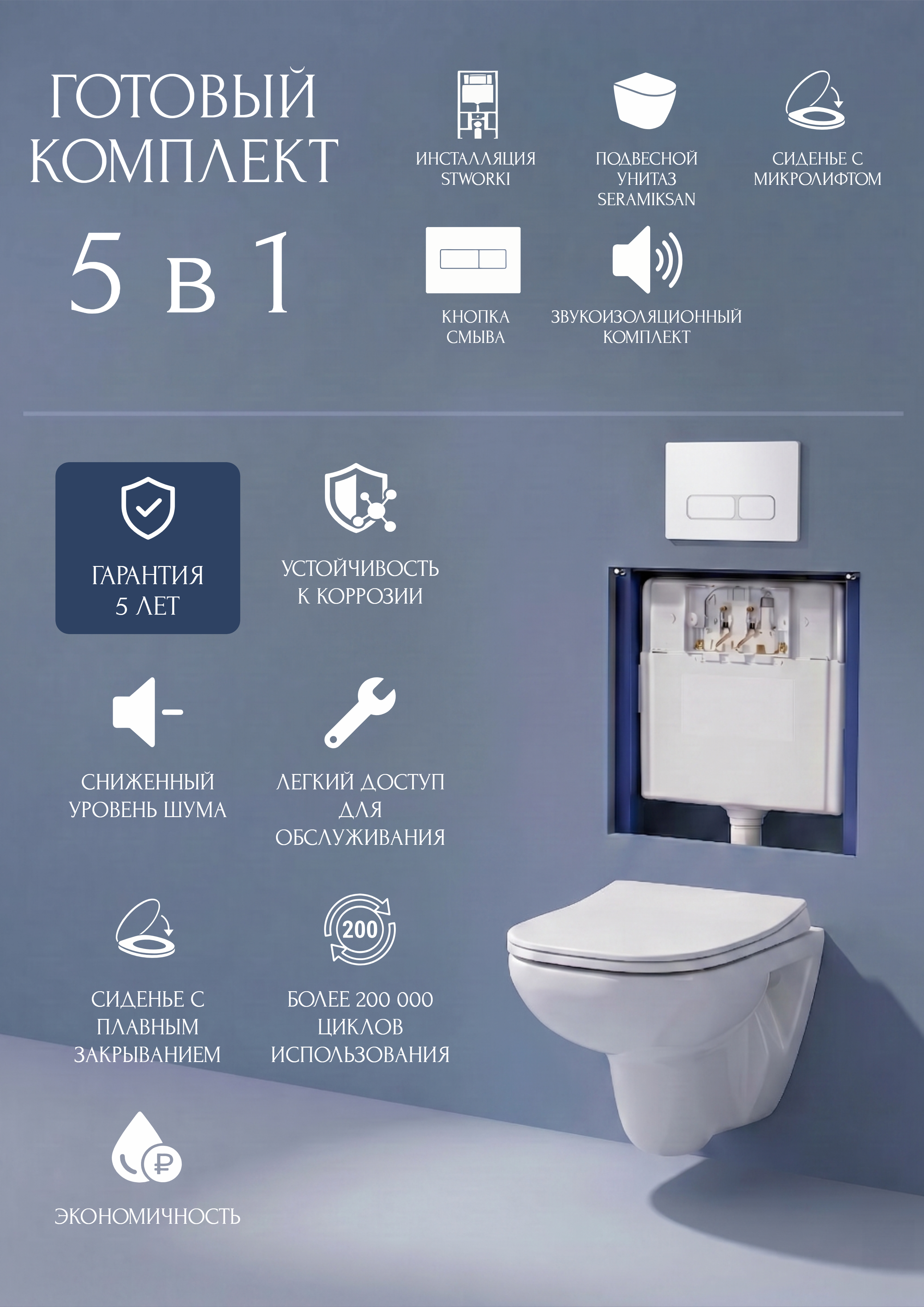 Комплект 5 в 1 Унитаз подвесной Seramiksan Petite A101002H + Сиденье AG50006, с микролифтом + Инсталляция с кнопкой STWORKI Кронборг S28500WH цвет глянцевый белый + Шумоизоляция