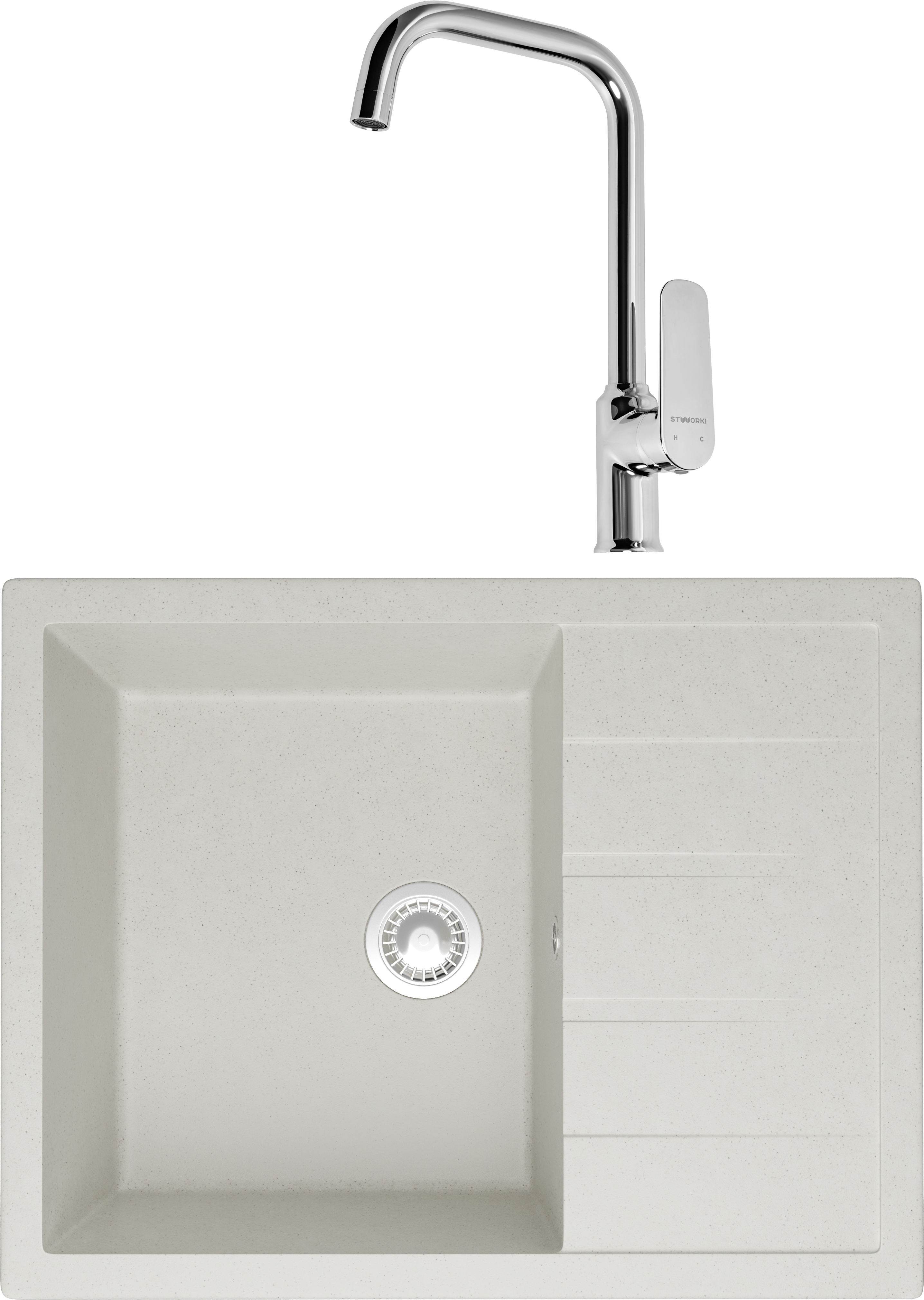 Комплект Мойка Domaci Болонья М-151-001, белая + Смеситель STWORKI WFD04005GA