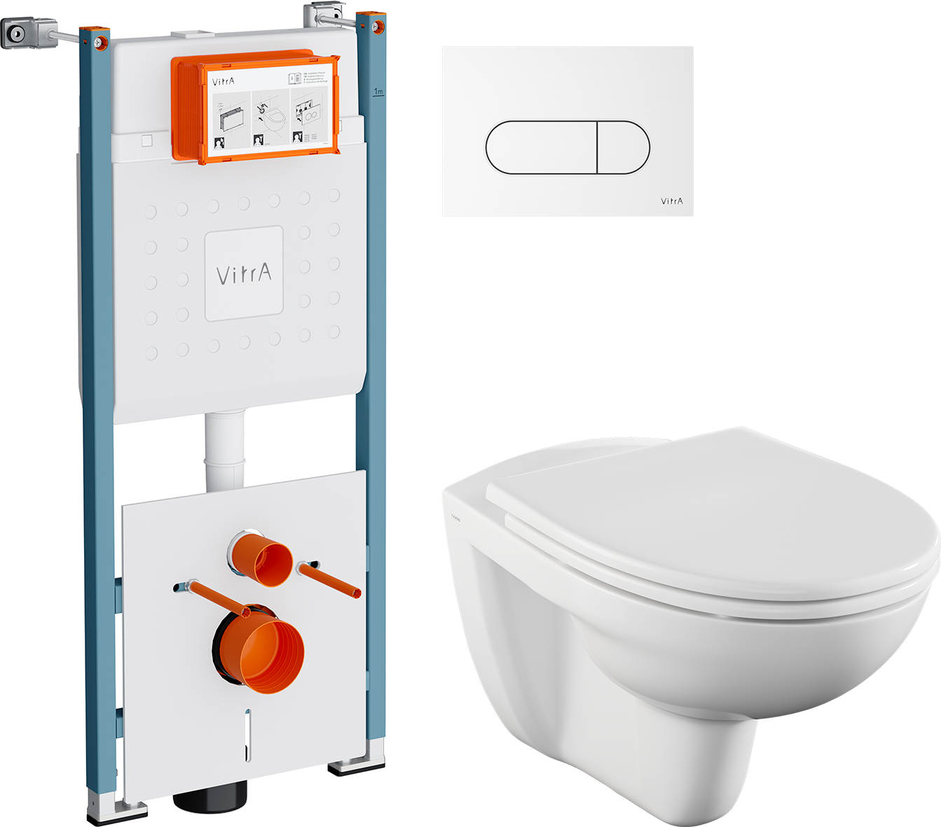 Комплект 4 в 1 Унитаз подвесной Norm Fit 6855B099-1777 + Сиденье VitrA Norm 84-003-749 с микролифтом + Инсталляция V-Fix Core 732-5800-01PV + Кнопка Root Round 740-2200 цвет глянцевый белый